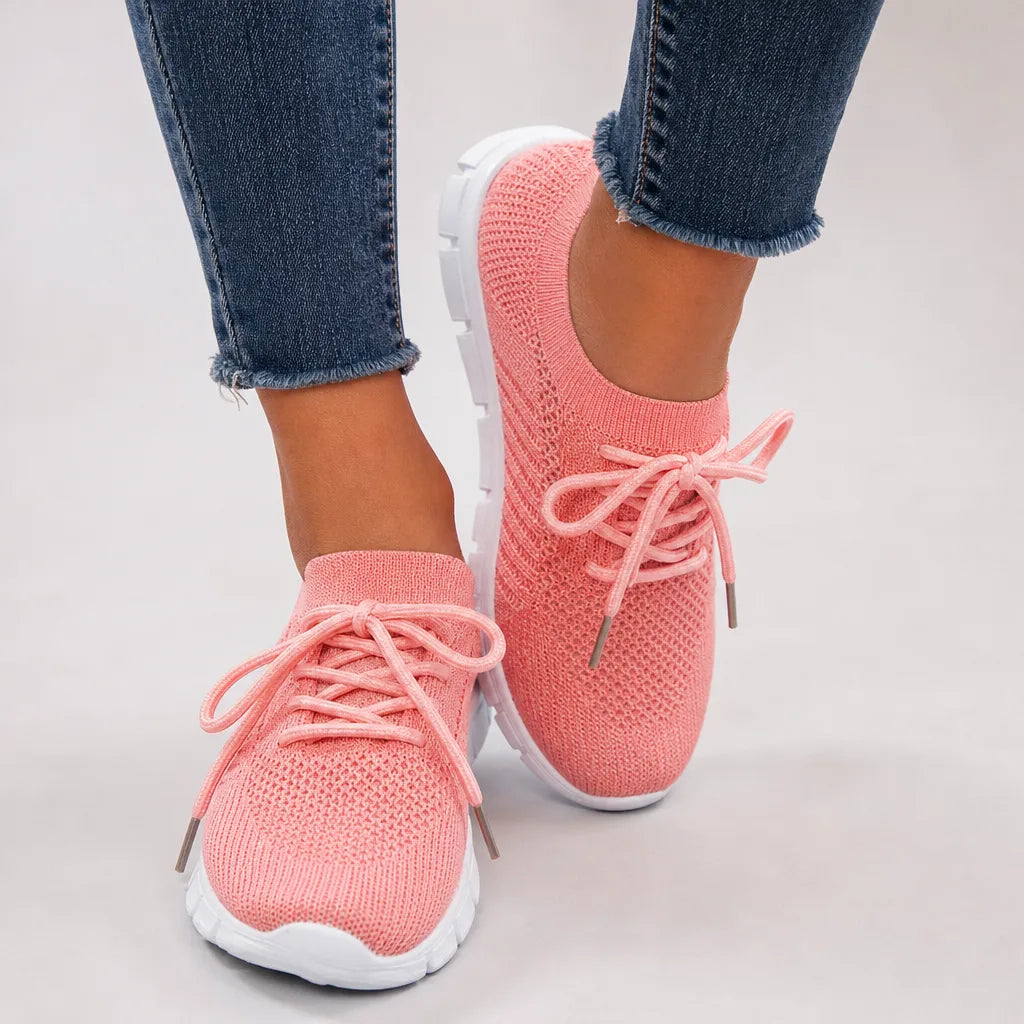 Pink women's orthopedic walking sneakers by Hudson Ridge, Emery style, designed for comfort and support during walks.