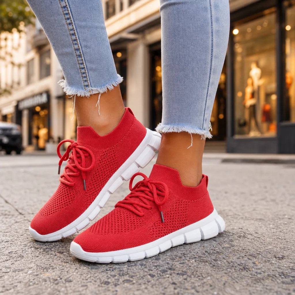 Red Emery women's orthopedic walking sneakers by Hudson Ridge, featuring supportive design and comfortable footwear for women.