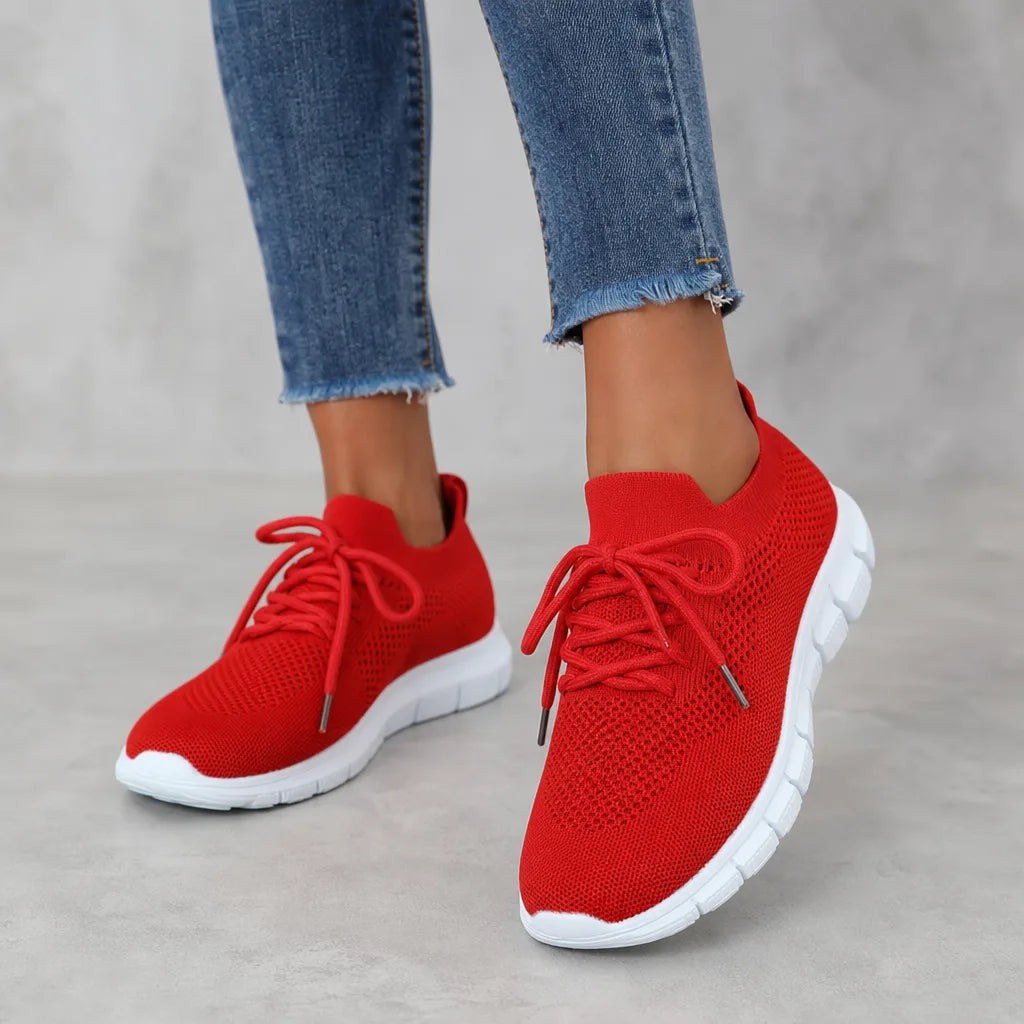 Red women's orthopedic walking sneakers by Hudson Ridge, designed for comfort and support in casual footwear.