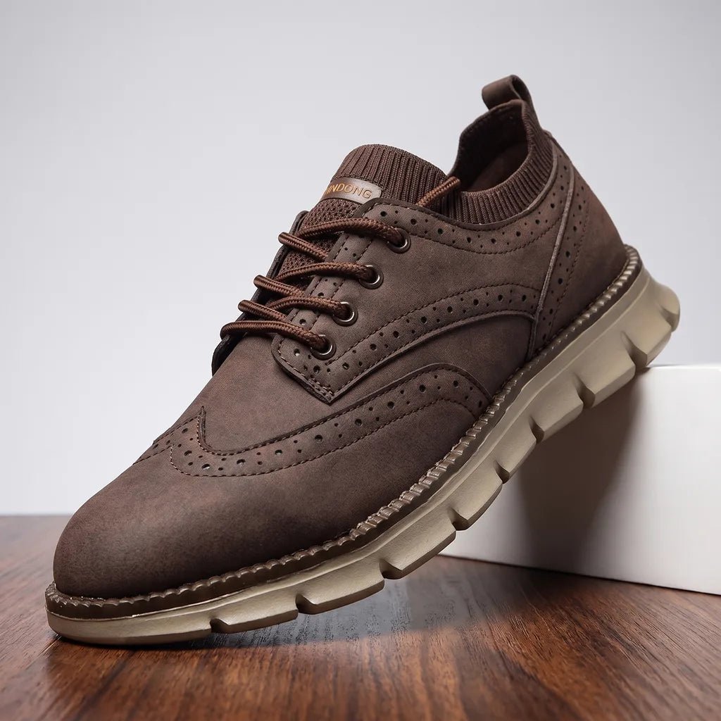 Brown men's casual sneakers by Hudson Ridge, styled as loafers with a sleek design, perfect for everyday wear.