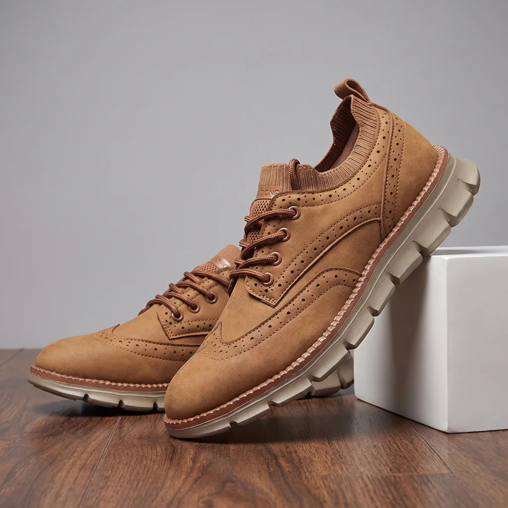 Light brown men's casual sneakers by Hudson Ridge, styled as loafers, from the Emile collection.