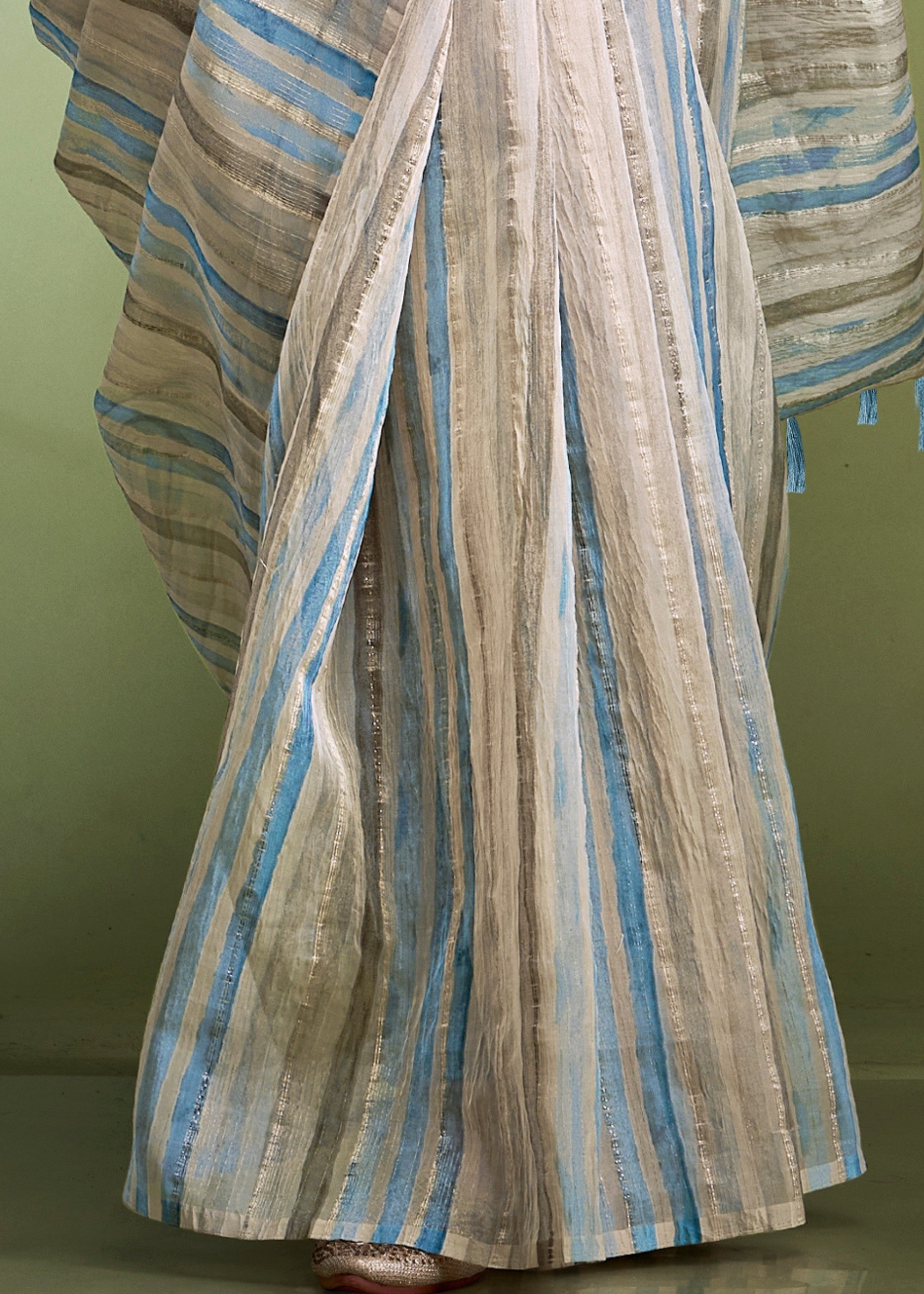 Aqua Blue Tissue Based Fancy Silk Saree With Designer Blouse - qivii