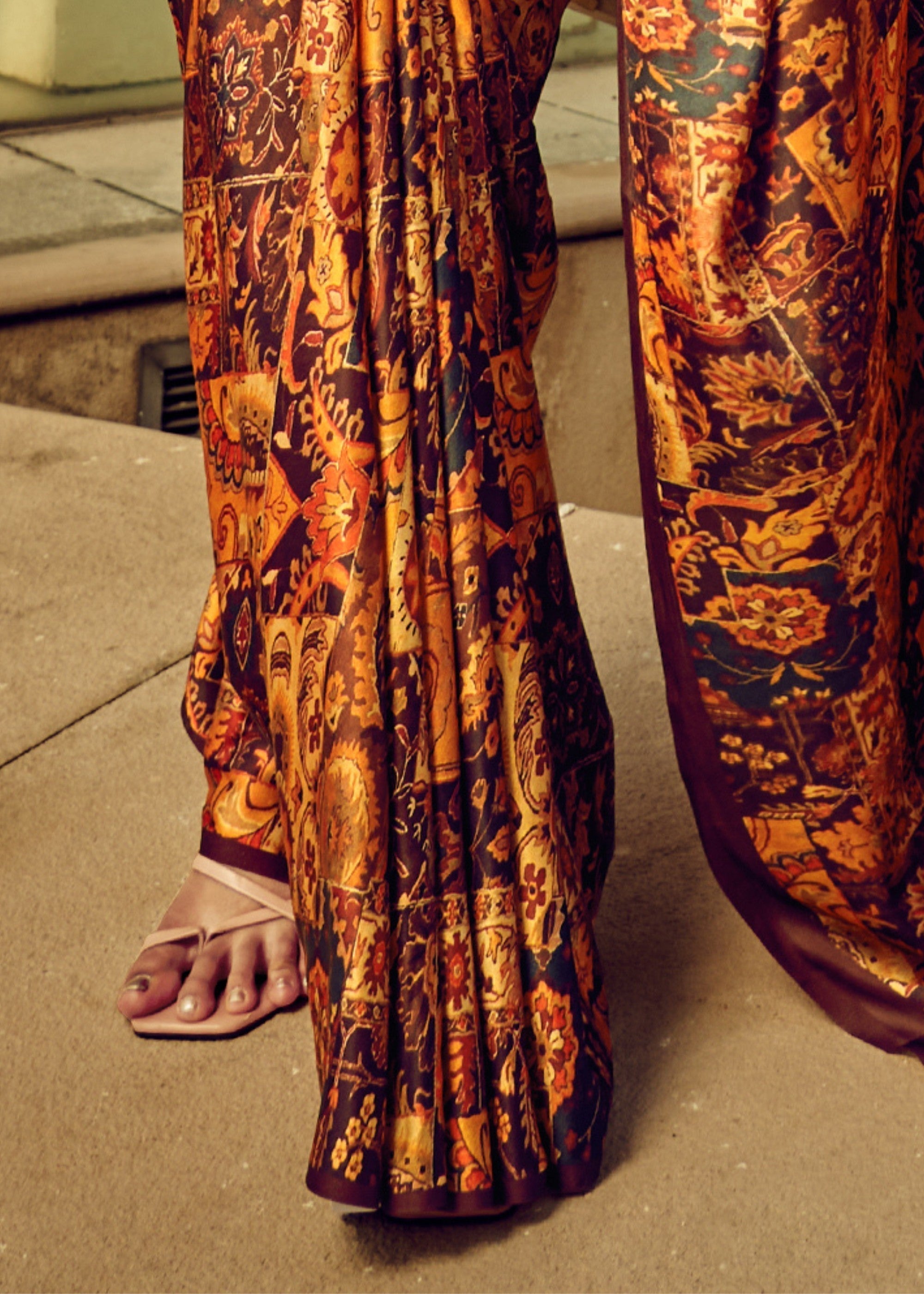 Brown Satin Digital Printed Saree - qivii