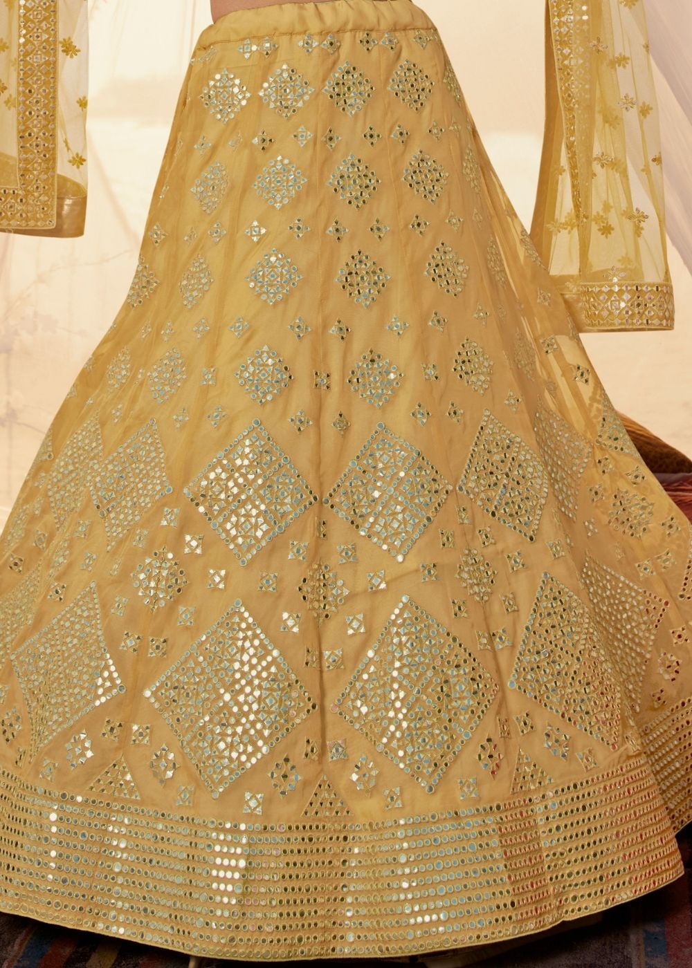 Canary Yellow Organza Lehenga Choli with Thread, Foli and Mirror work (Pre-Order) | Ready To Wear - qivii