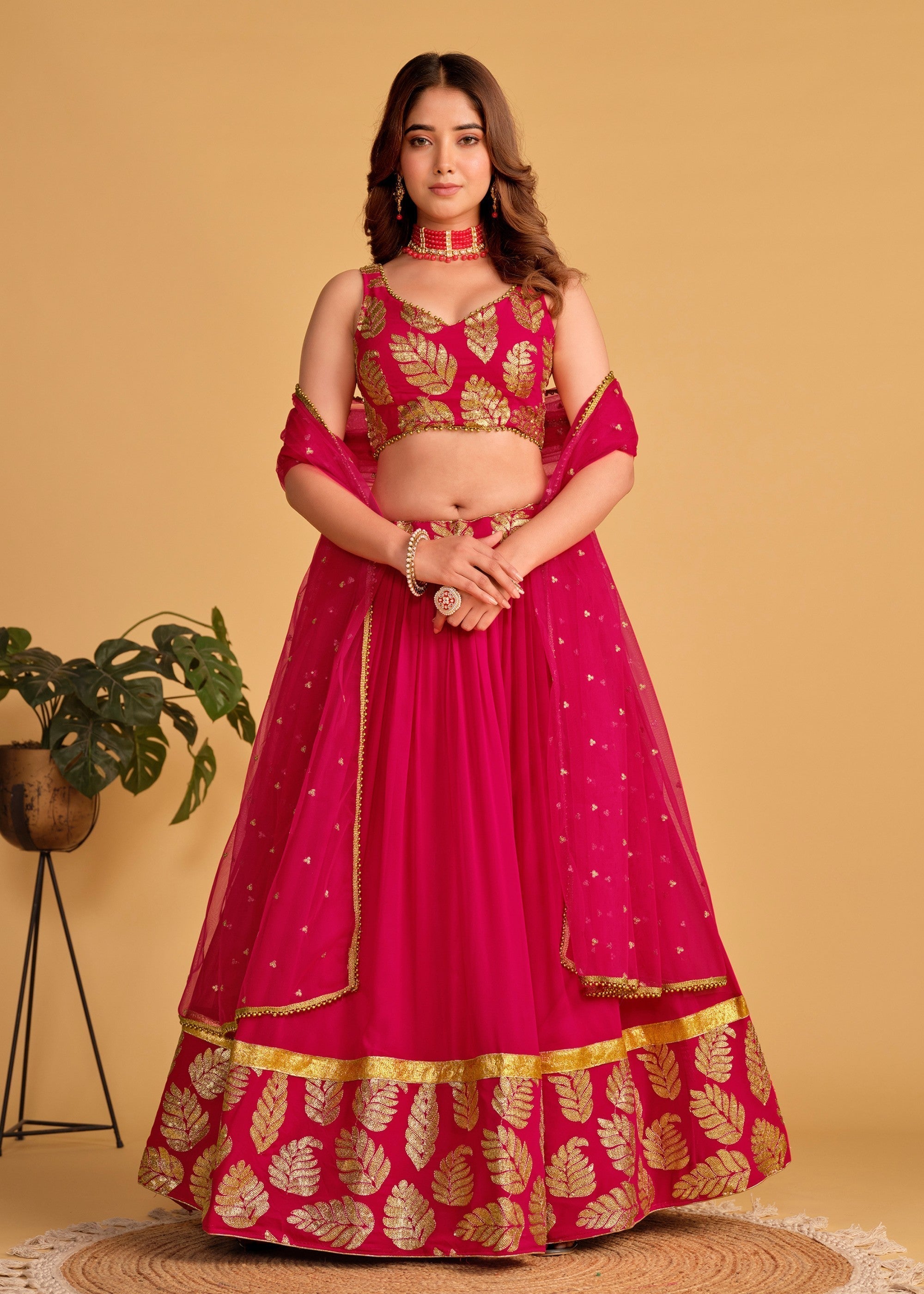 Cerise Pink Georgette Lehenga Choli With Sequins Zari Embroidered Work | Ready To Wear - qivii