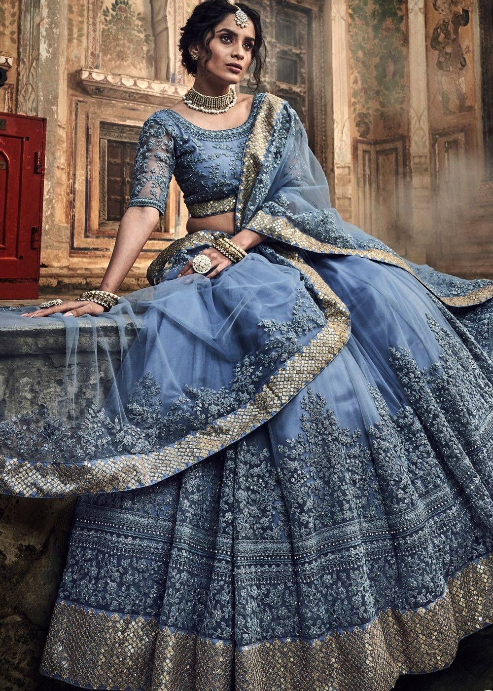 Cornflower Blue Soft Net Lehenga Choli with Dori & Zarkan work | Ready To Wear - qivii