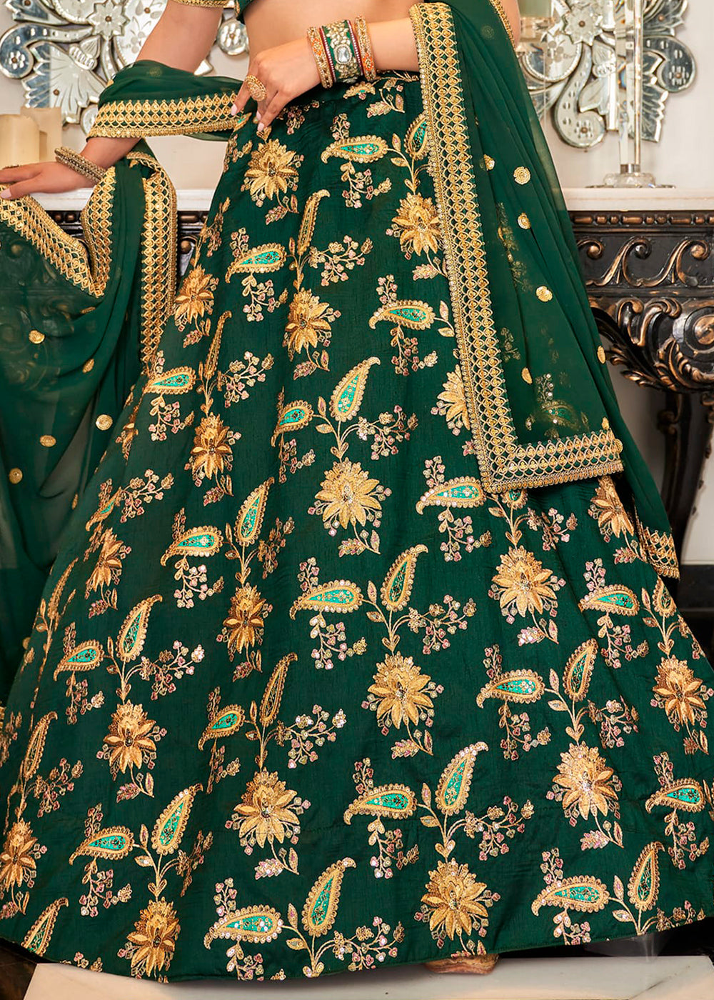 Deep Green Art Silk Lehenga Choli with Thread, Zari,Dori & Sequins work | Ready To Wear - qivii
