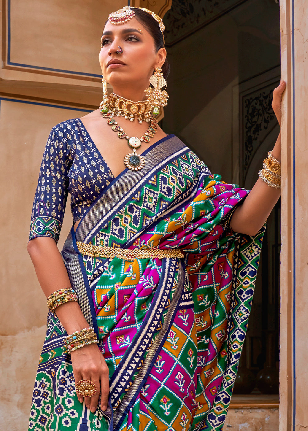 Green & Blue Patola Printed Designer Silk Saree - qivii