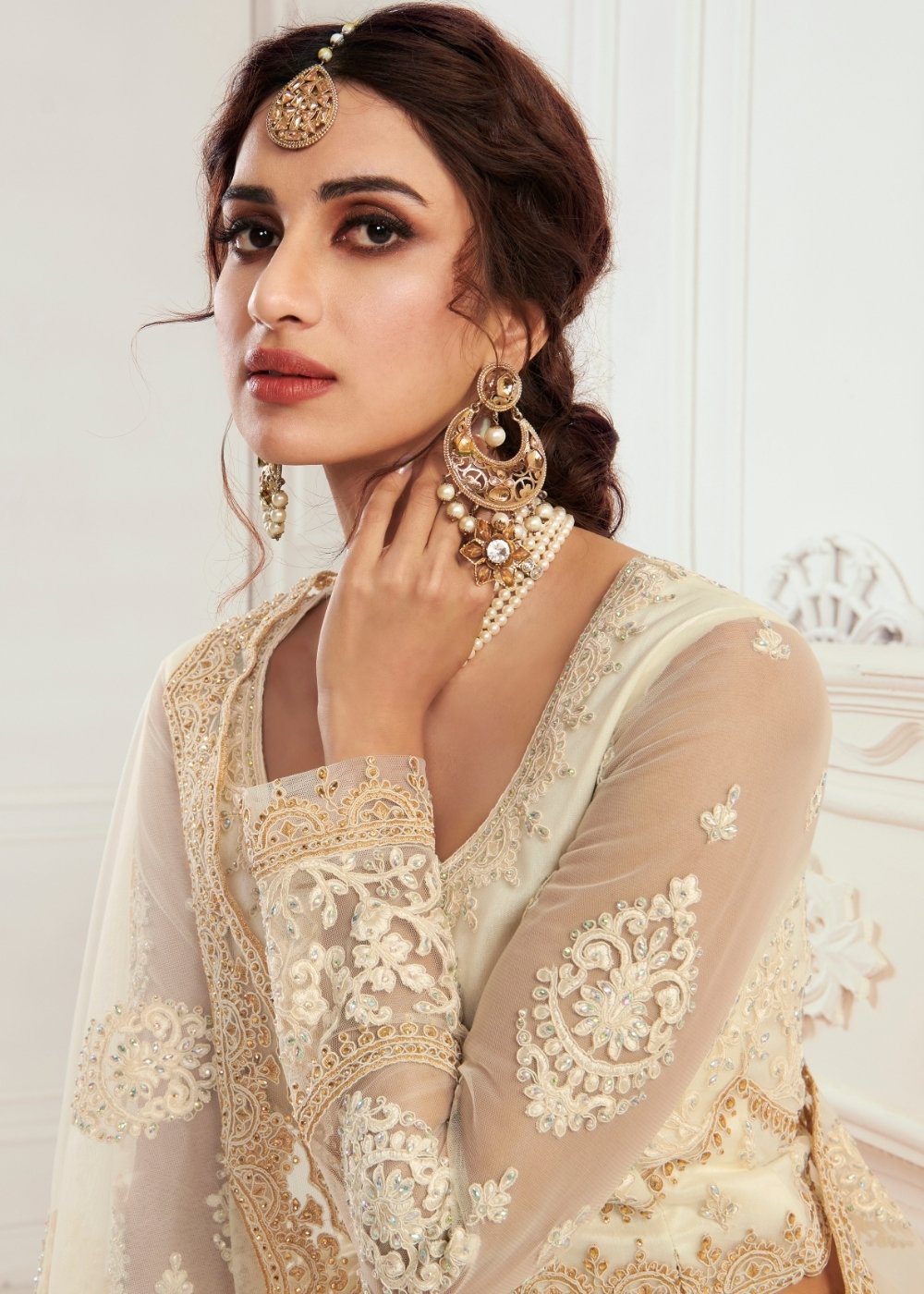 Ivory White Soft Net Lehenga Choli with Cording, Stonework, Thread & Zari Embroidery | Ready To Wear - qivii