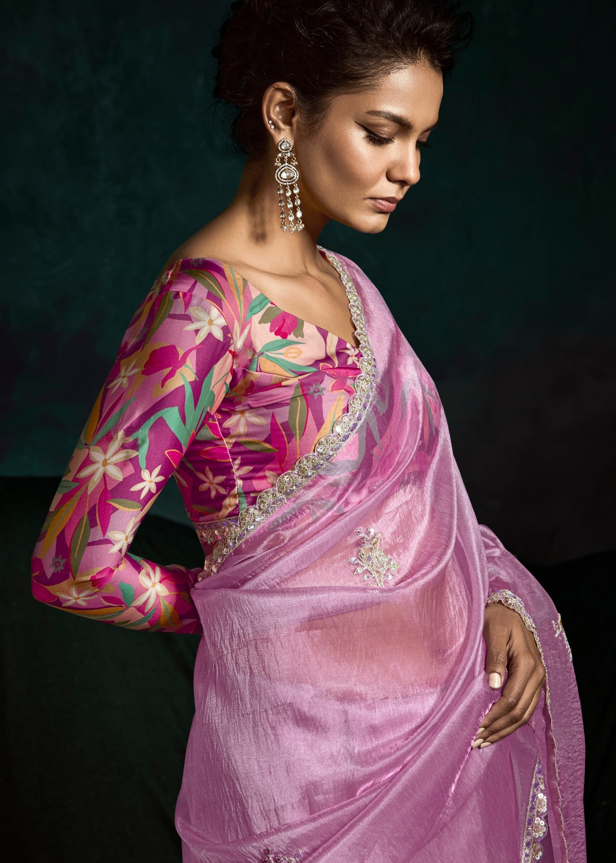 Lavender Purple Fancy Fabric Silk Saree With Sequins And Thread Embroidered Butti Work - qivii