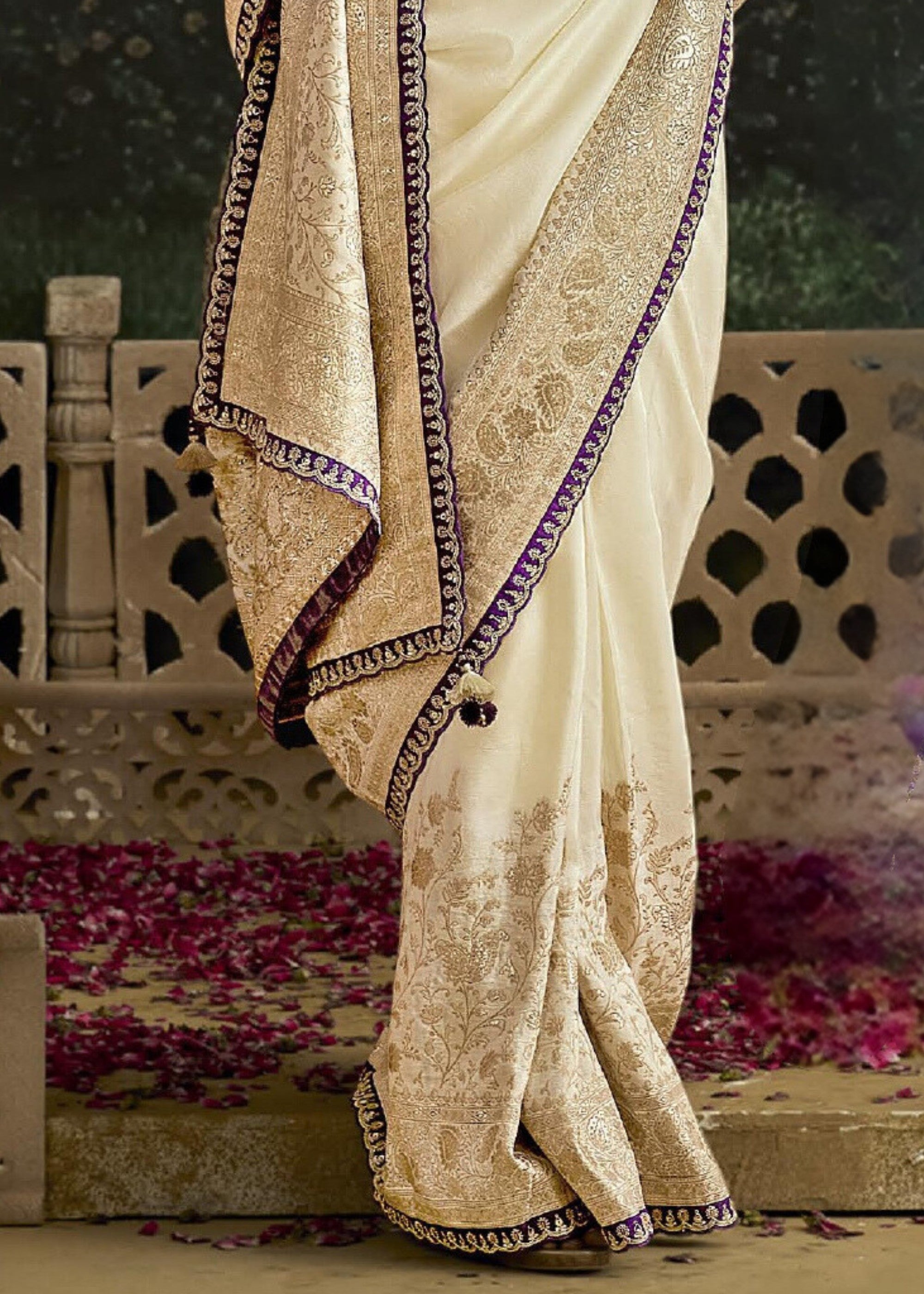 Off-White and Purple Saree with Viscose Silk and Zari Work - qivii