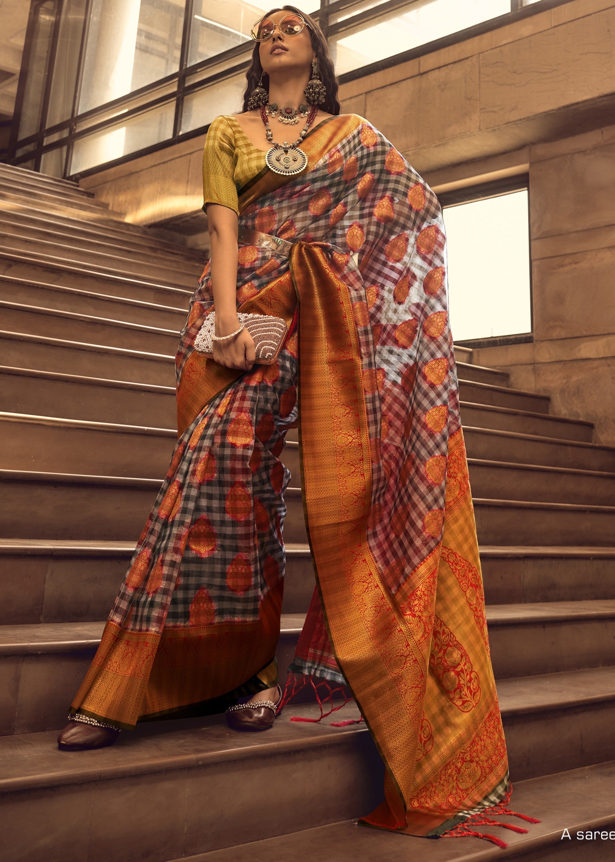 Orange Check Handloom Weaving Silk Saree - qivii