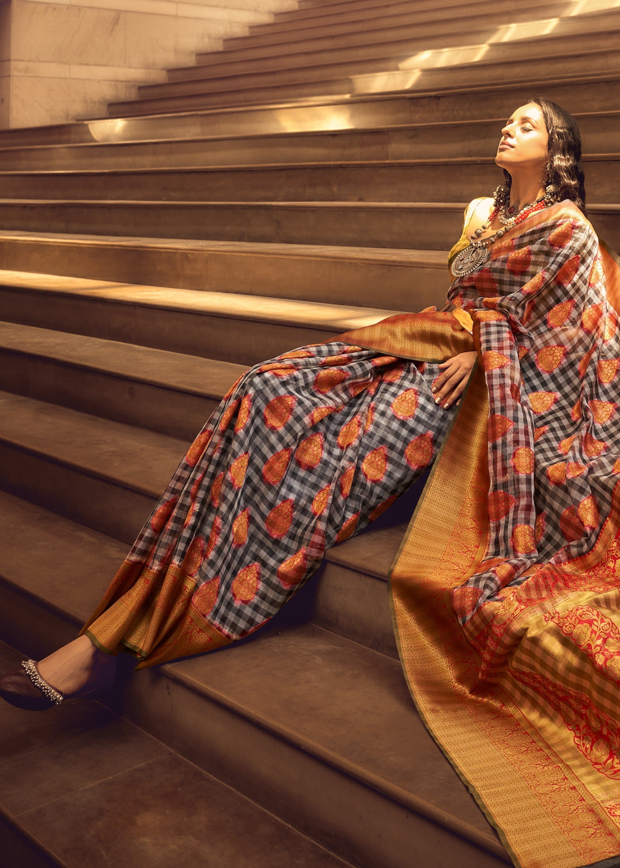 Orange Check Handloom Weaving Silk Saree - qivii