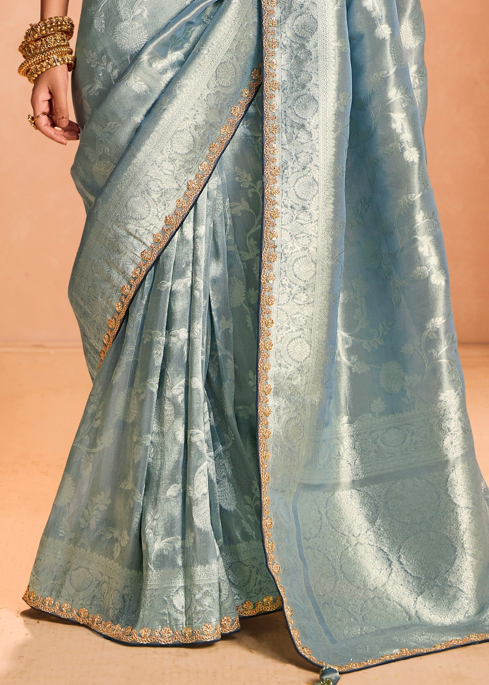 Pacific Blue Zari Tissue Silk Saree With Weaving Work And Heavy Embroidery Lace - qivii