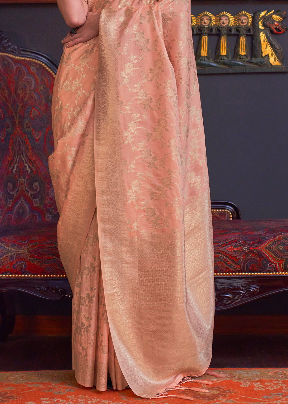 Peach Pink Zari Woven Banarasi Katan Silk Saree - qivii