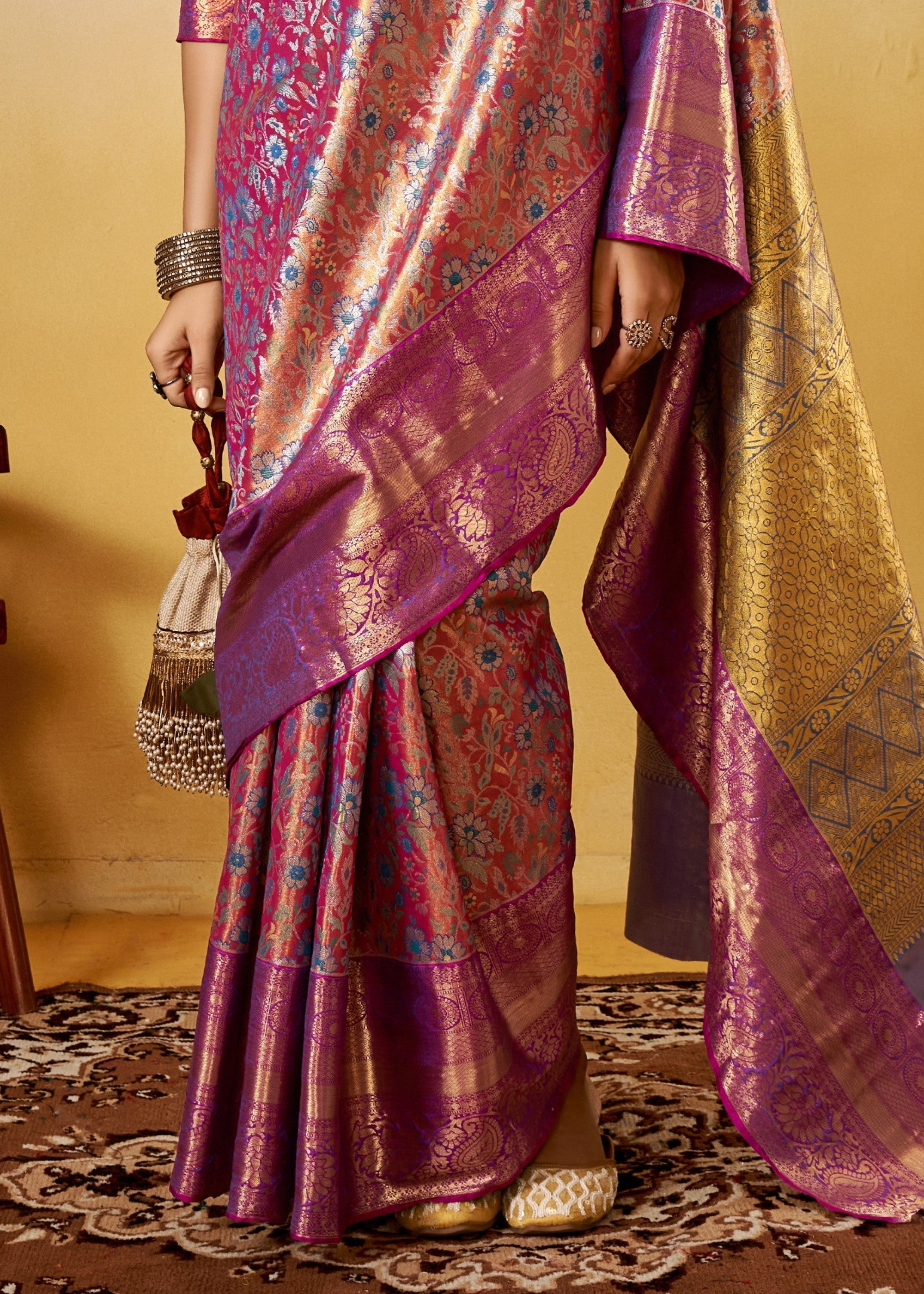 Purple and Green Handloom Dharamavaram Silk Saree - qivii