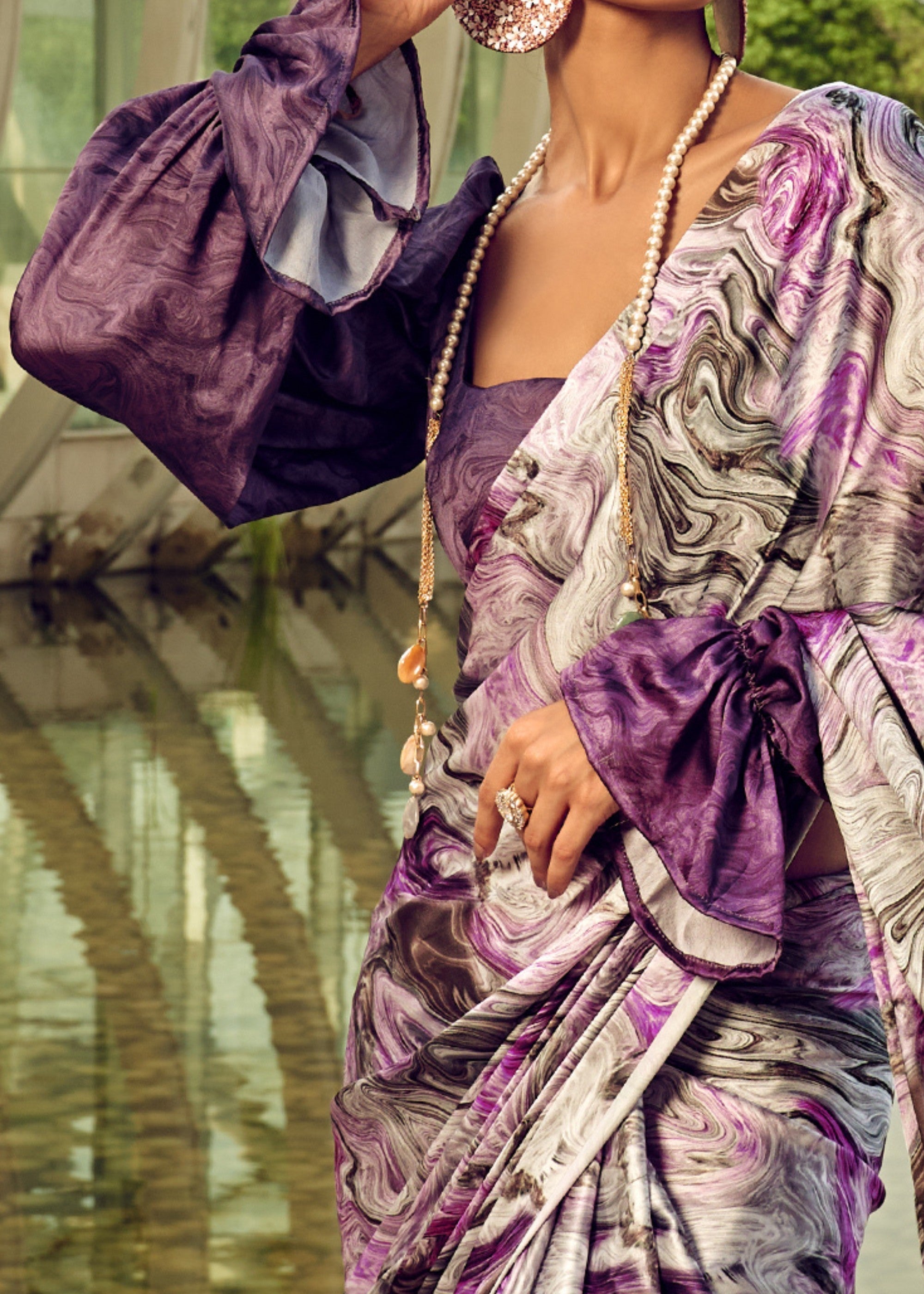 Purple Satin Digital Printed Saree - qivii