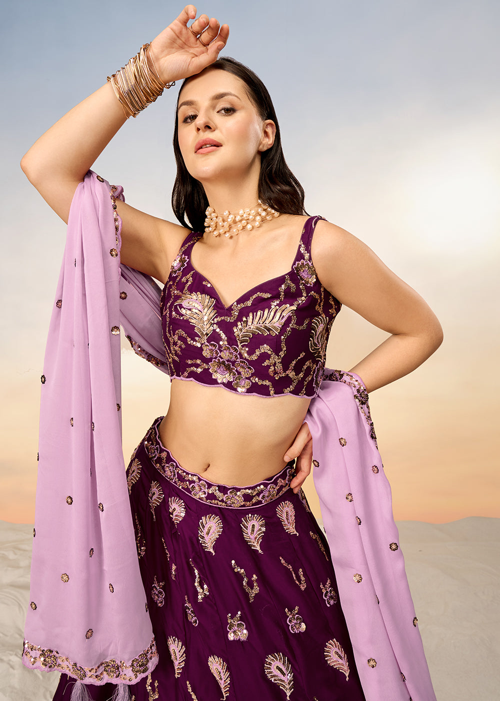 Sangria Purple Georgette Lehenga Choli with Heavy Sequins Embroidery work | Ready To Wear - qivii