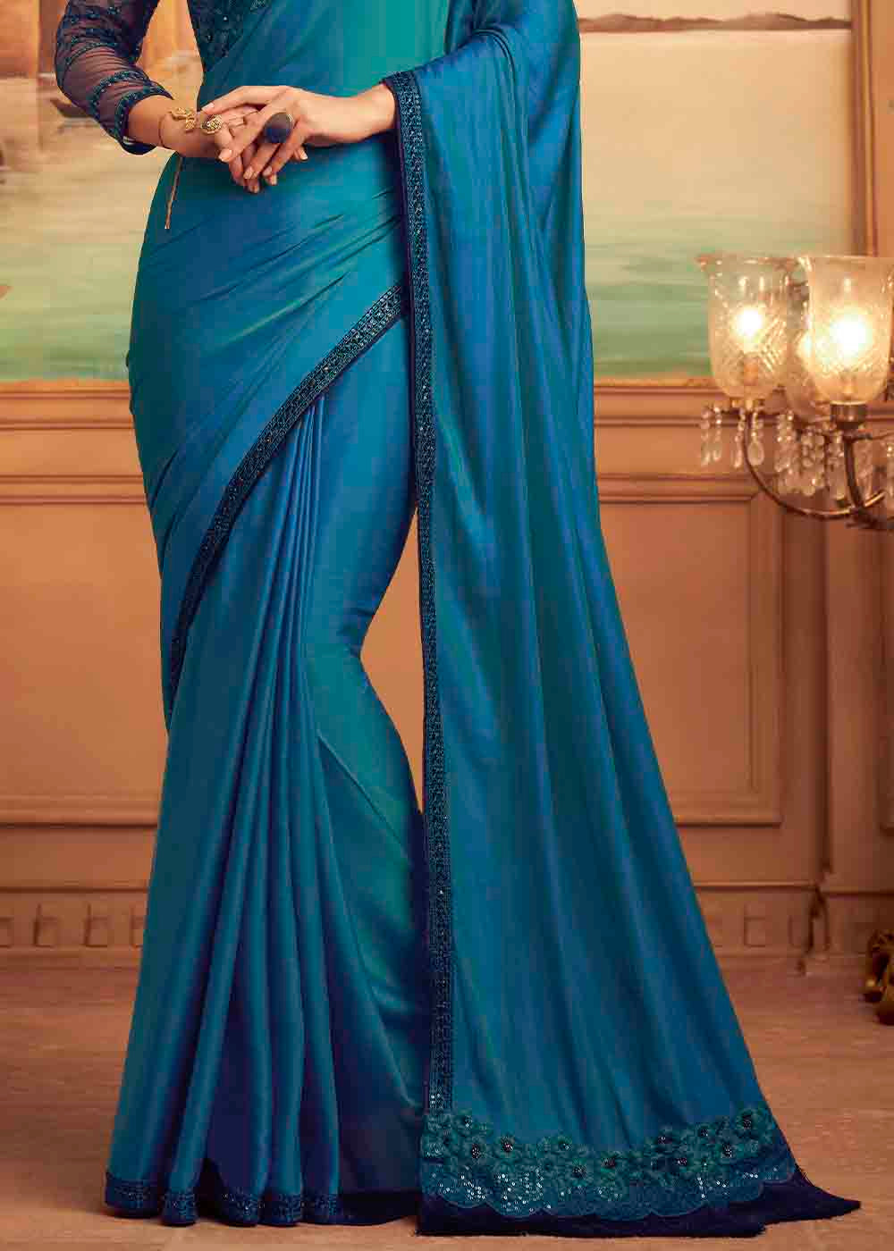 Shades Of Blue Designer Embroidered Satin Silk Saree with Sequence work - qivii