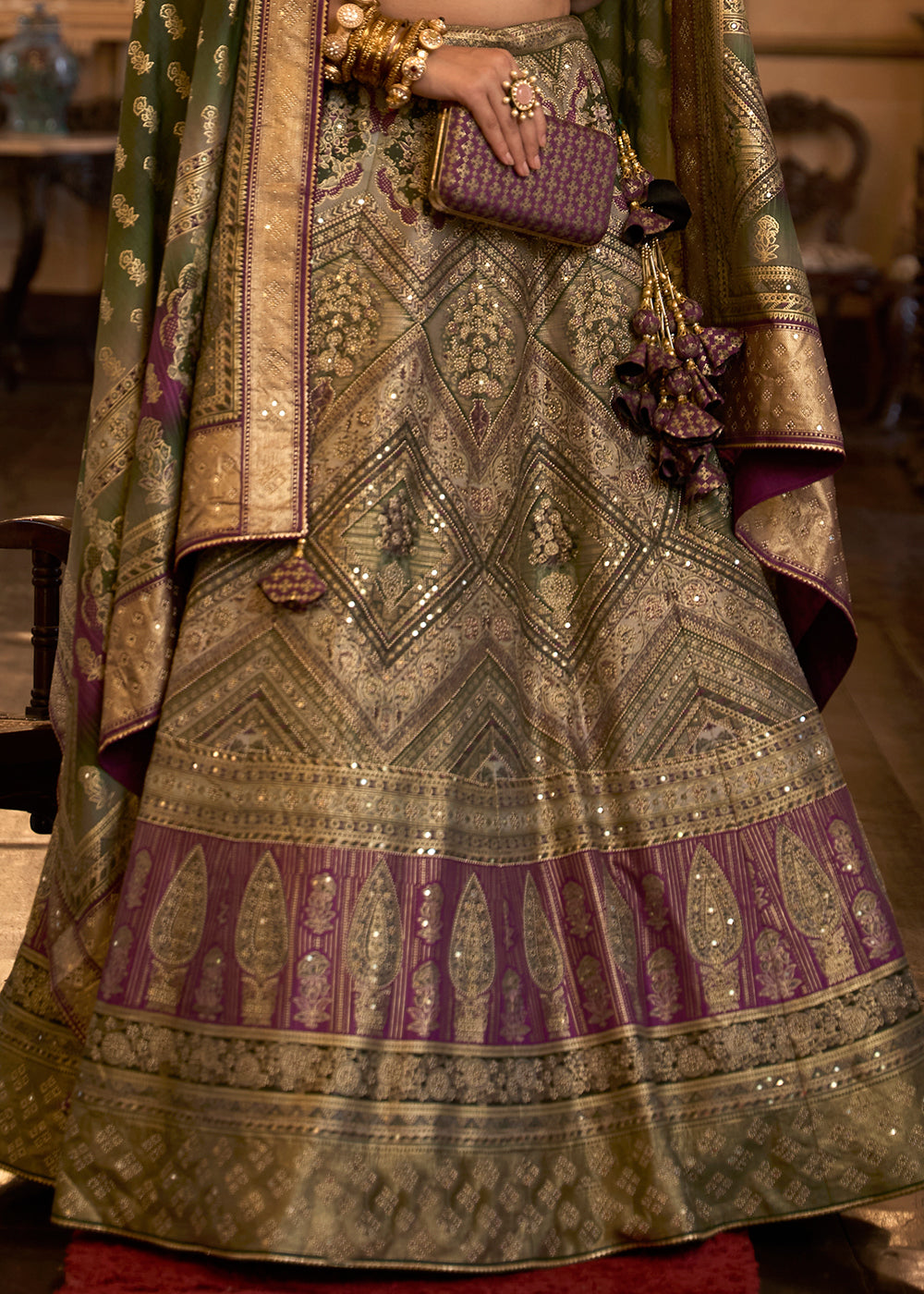 Shades Of Brown Ready to Wear Designer Silk Lehenga Choli with Sparkle & Aari Mirror work | Ready To Wear - qivii