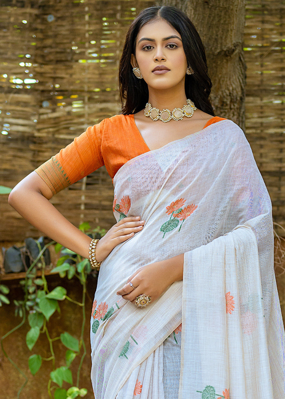 White & Orange Muga Cotton Saree with Woven Pallu & All Over Butti work - qivii