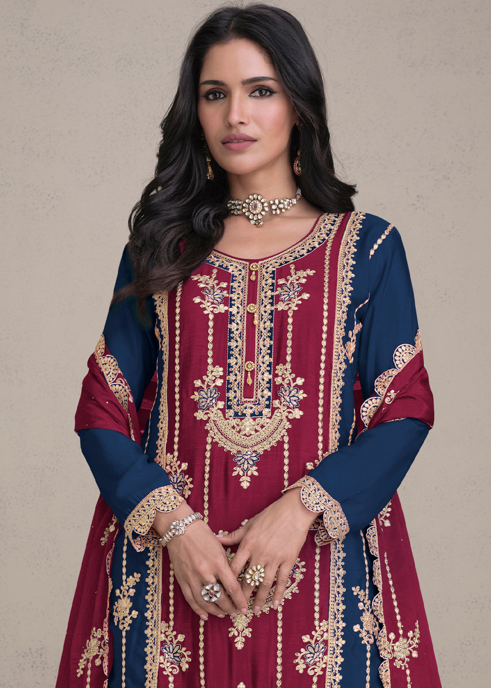 Berry Red Embroidered Chinon Silk Plazzo Suit - qivii