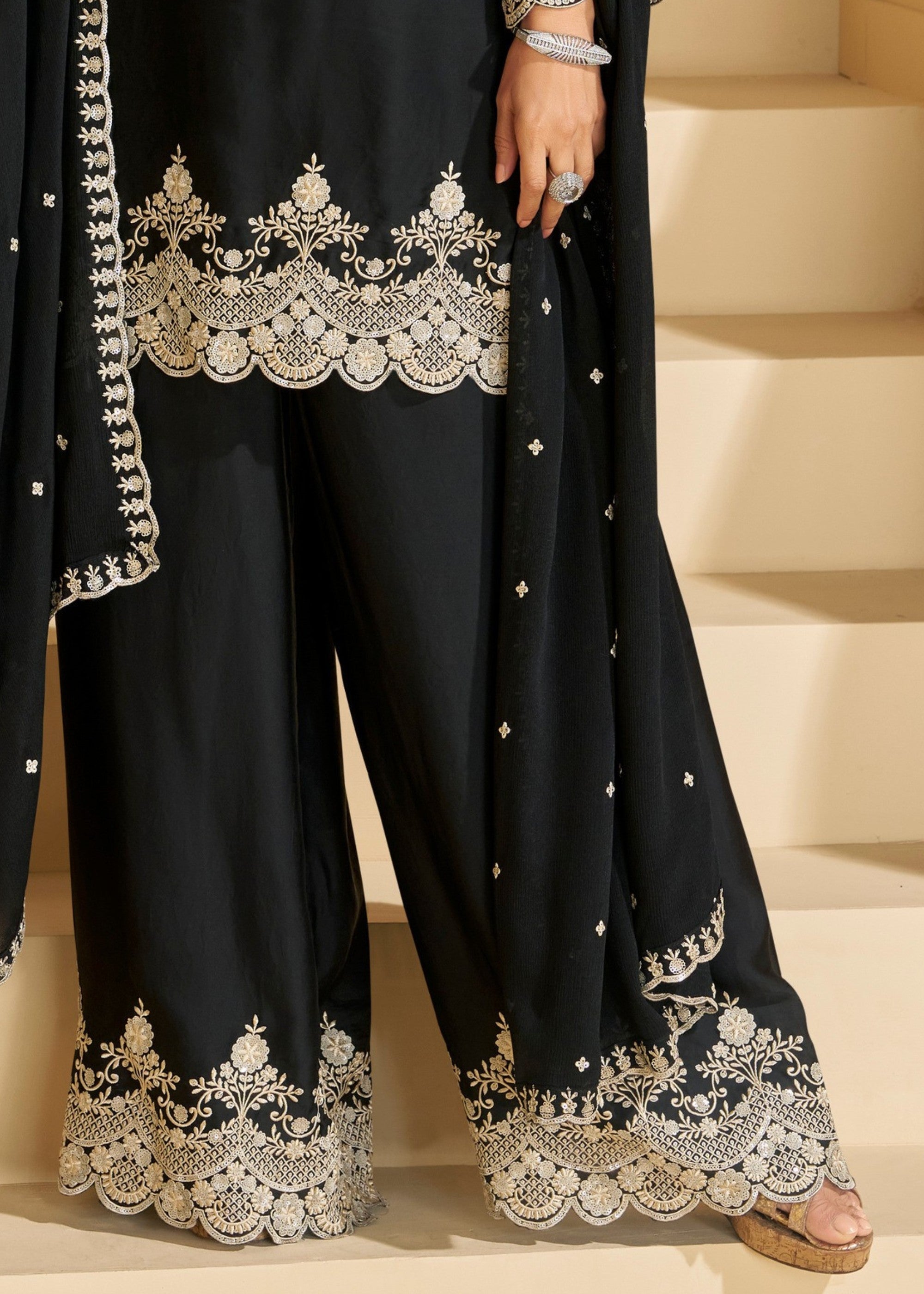 Black Premium Real Chinnon Silk Heavy Look Salwar Suit - qivii