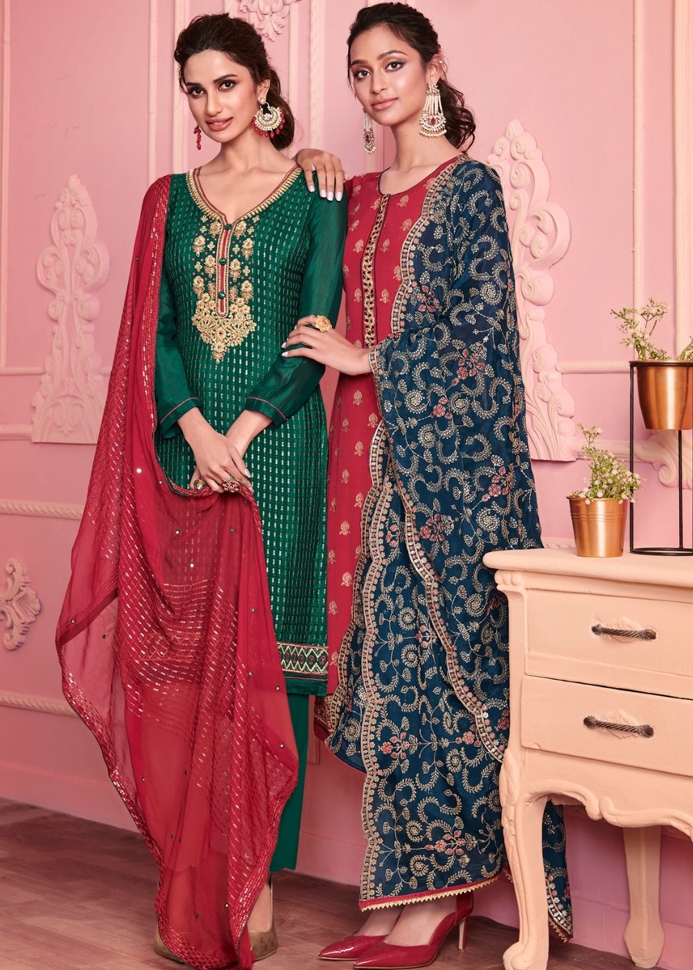 Jungle Green Georgette Salwar Suit with Thread & Zari Embroidery work - qivii