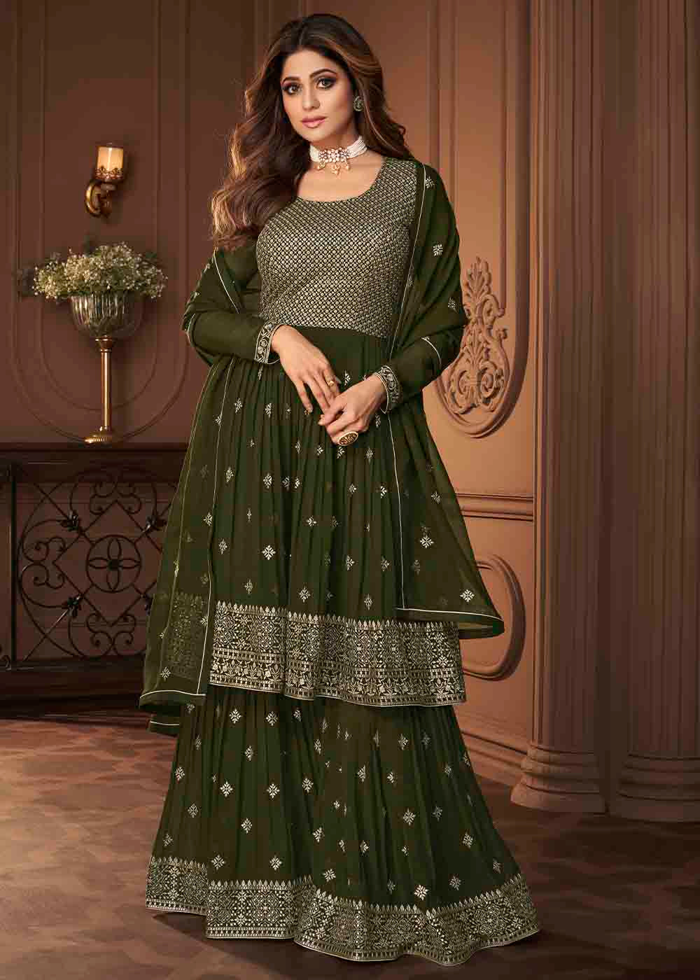 Juniper Green Designer Georgette Plazzo Suit with Sequin & Thread work - qivii