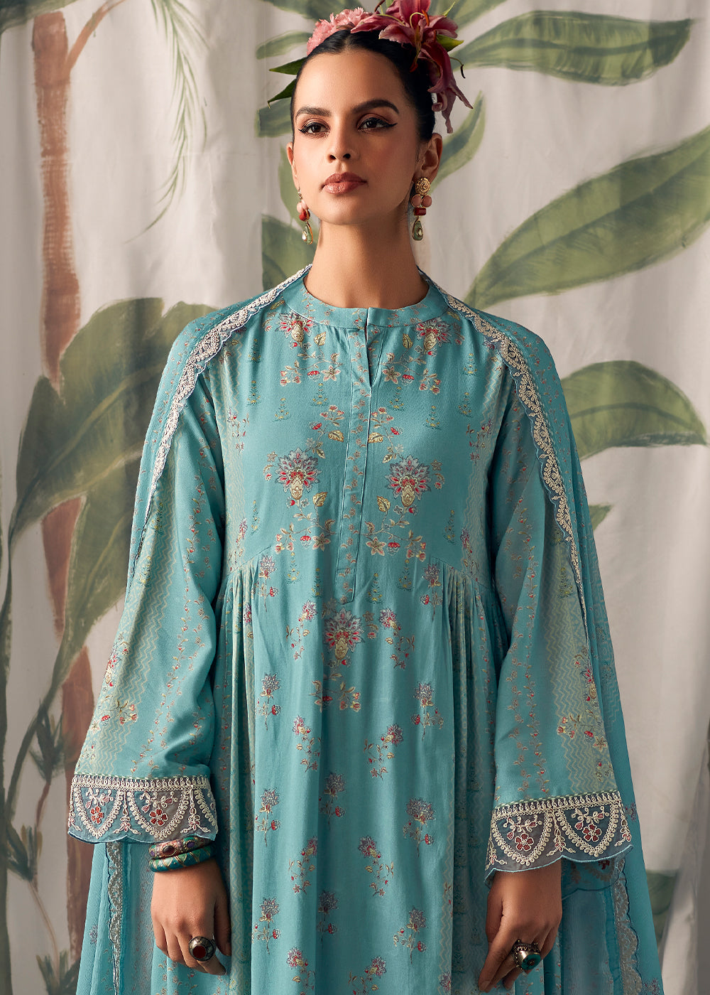 Koi Blue Digital Printed Muslin Salwar Suit with Light Embroidery work - qivii
