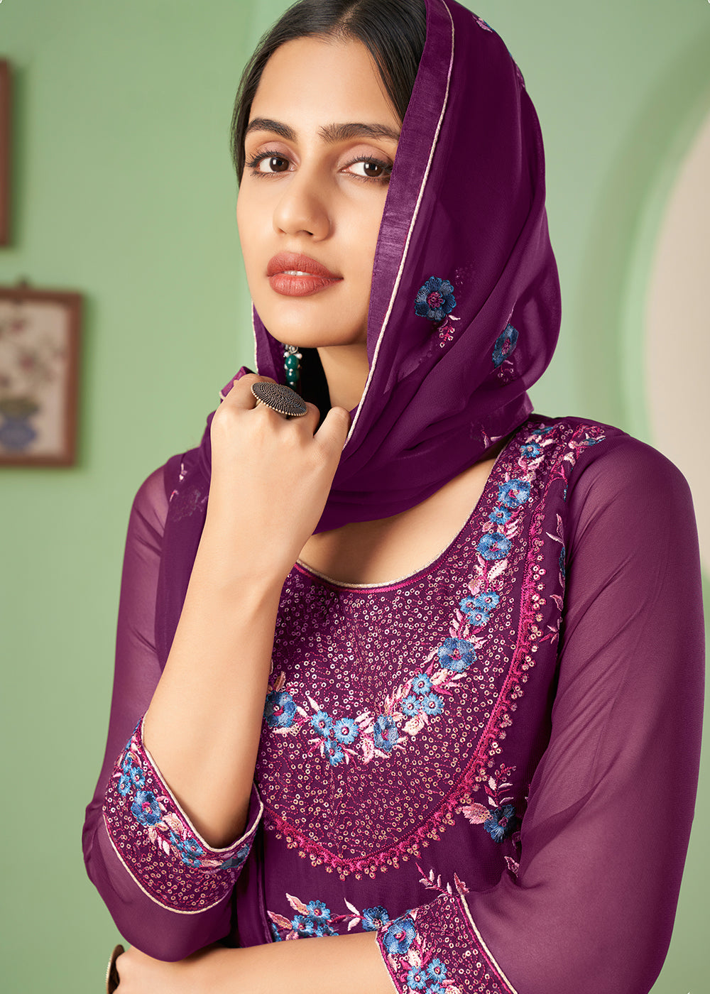 Lollipop Purple Georgette Salwar Suit with Multi Colour Thread Embroidery & Sequence work - qivii