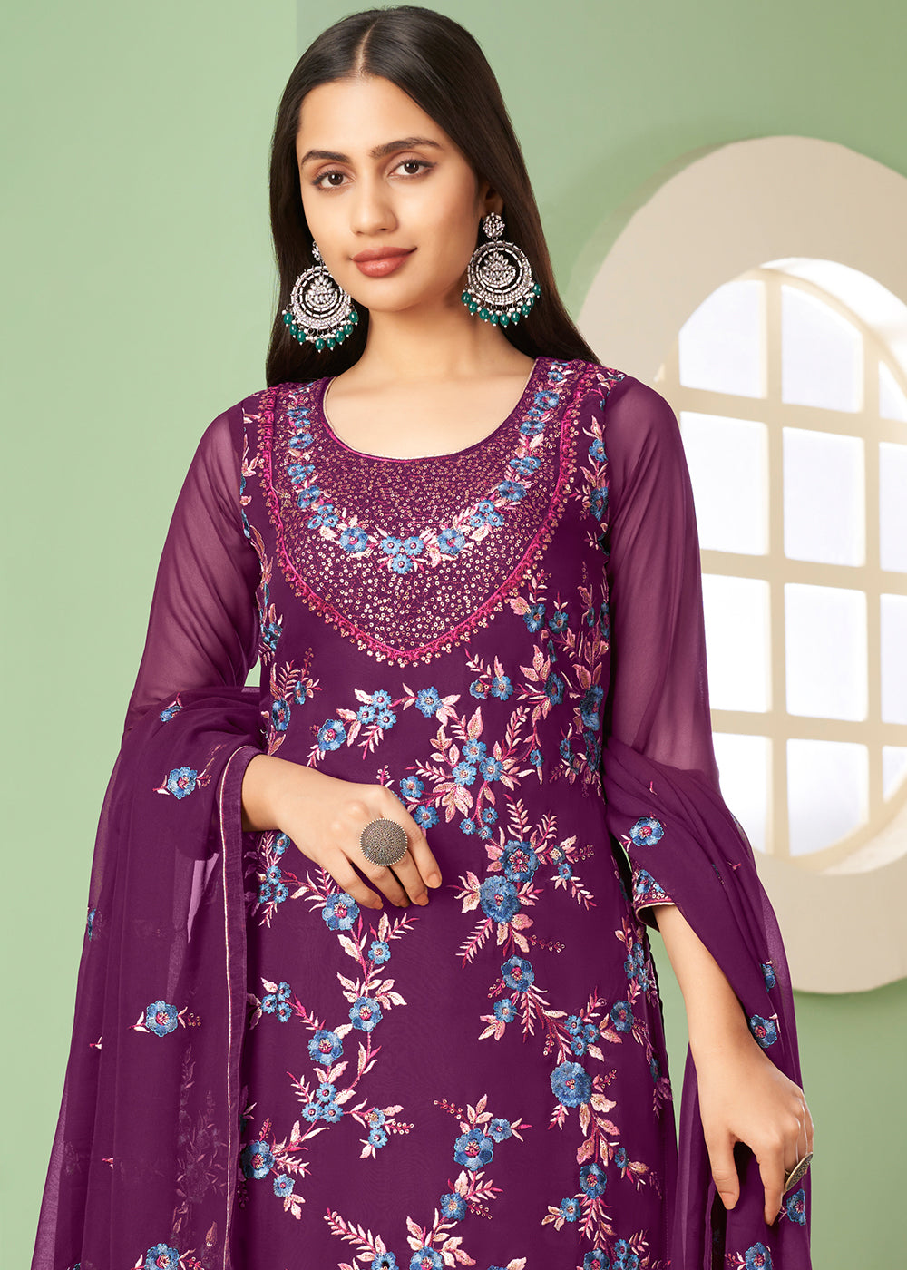 Lollipop Purple Georgette Salwar Suit with Multi Colour Thread Embroidery & Sequence work - qivii