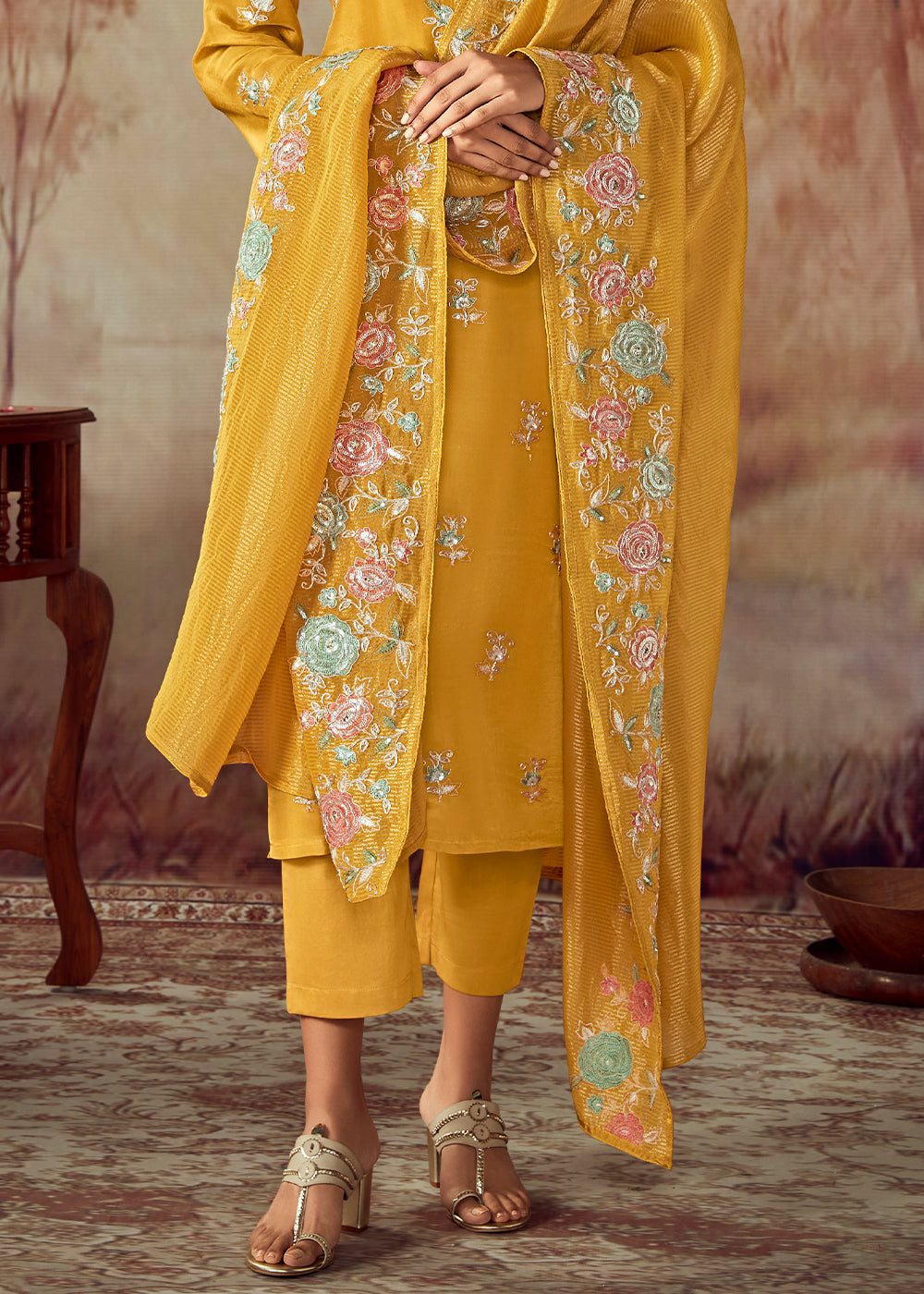 Mustard Yellow Silk Salwar Suit With Floral Embroidery Work - qivii