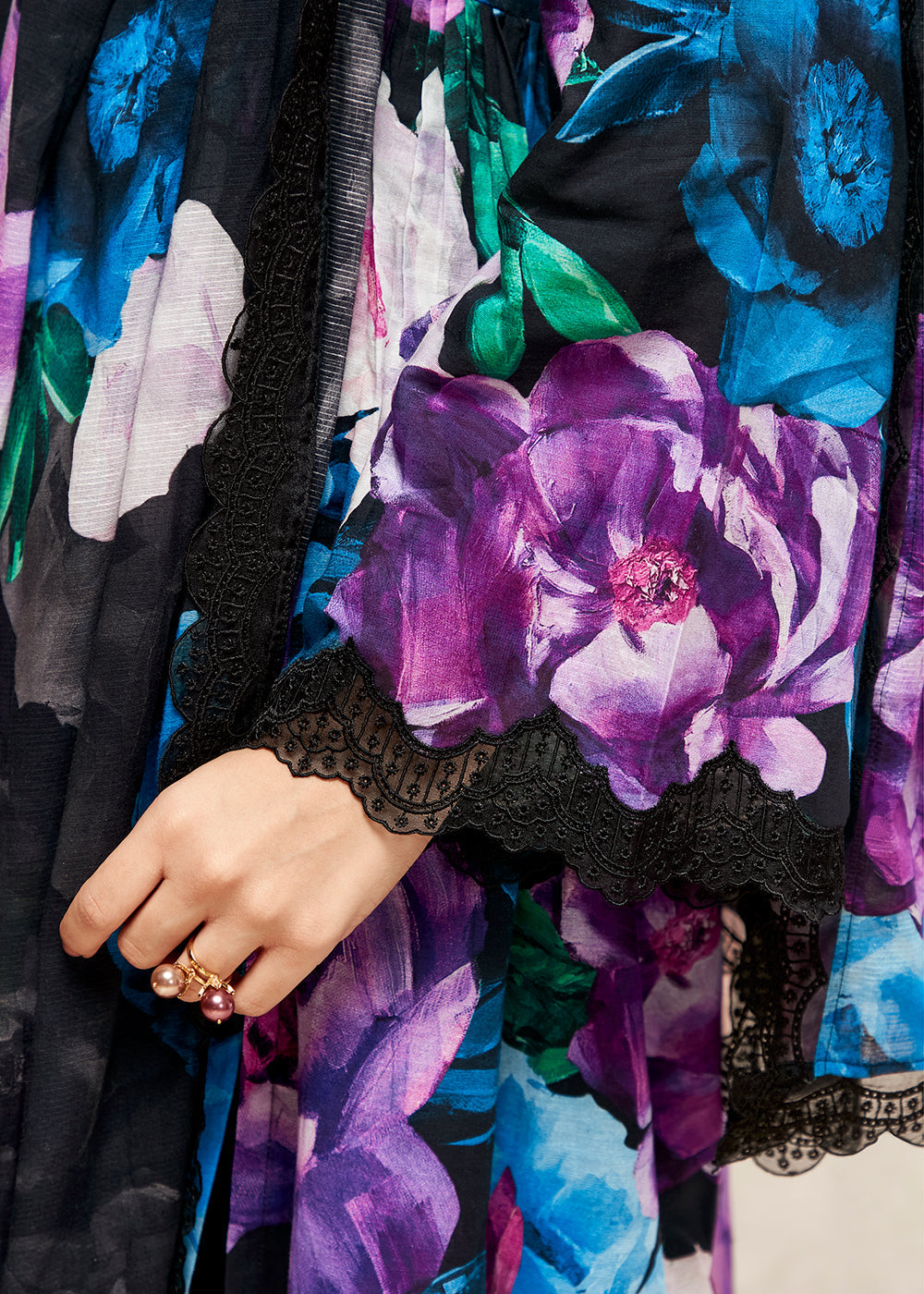 Pitch Black Floral Digital Printed Linen Suit & Dori Embroidery work - qivii