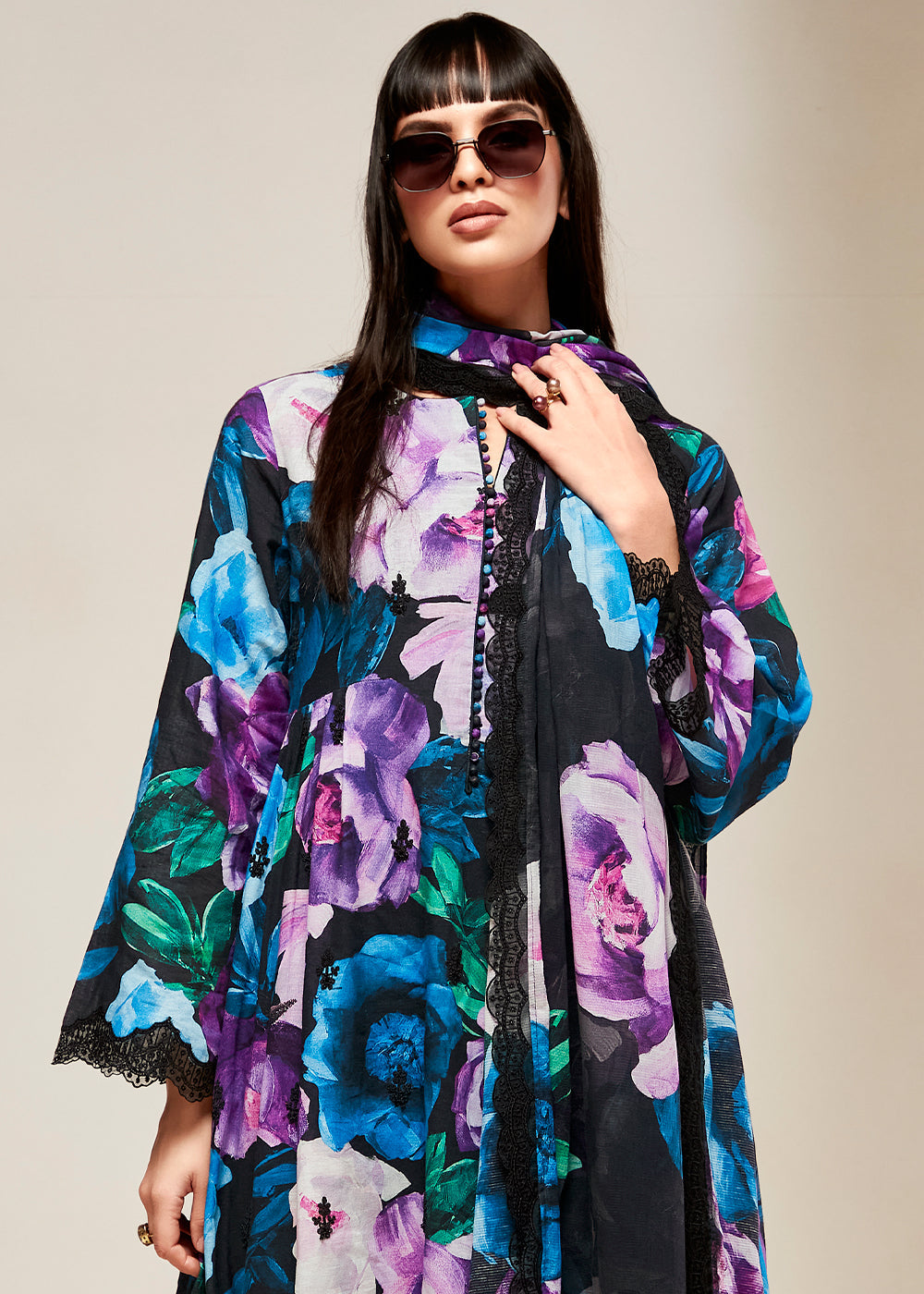 Pitch Black Floral Digital Printed Linen Suit & Dori Embroidery work - qivii