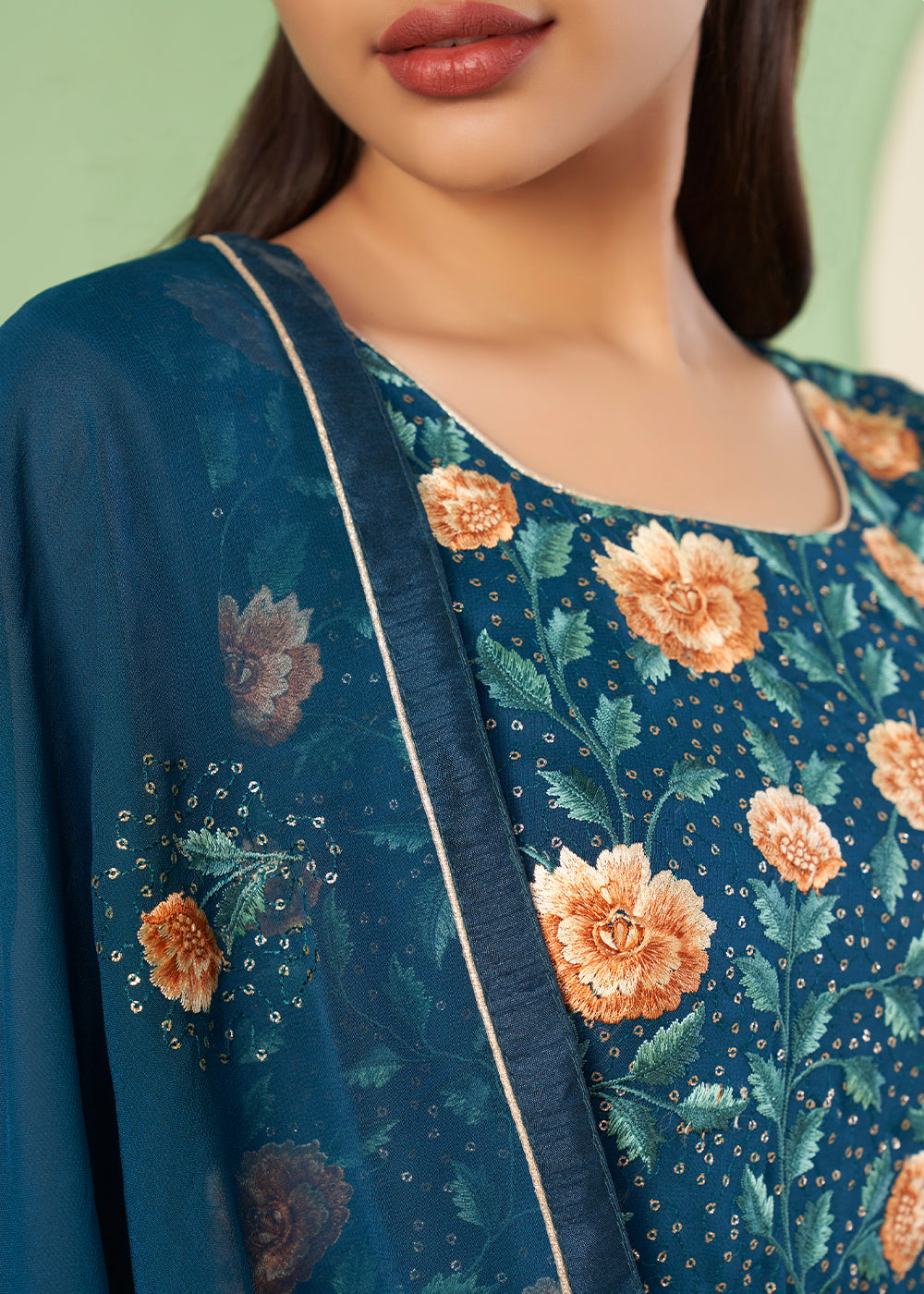 Prussian Blue Georgette Salwar Suit with Multi Colour Thread Embroidery & Sequence work - qivii