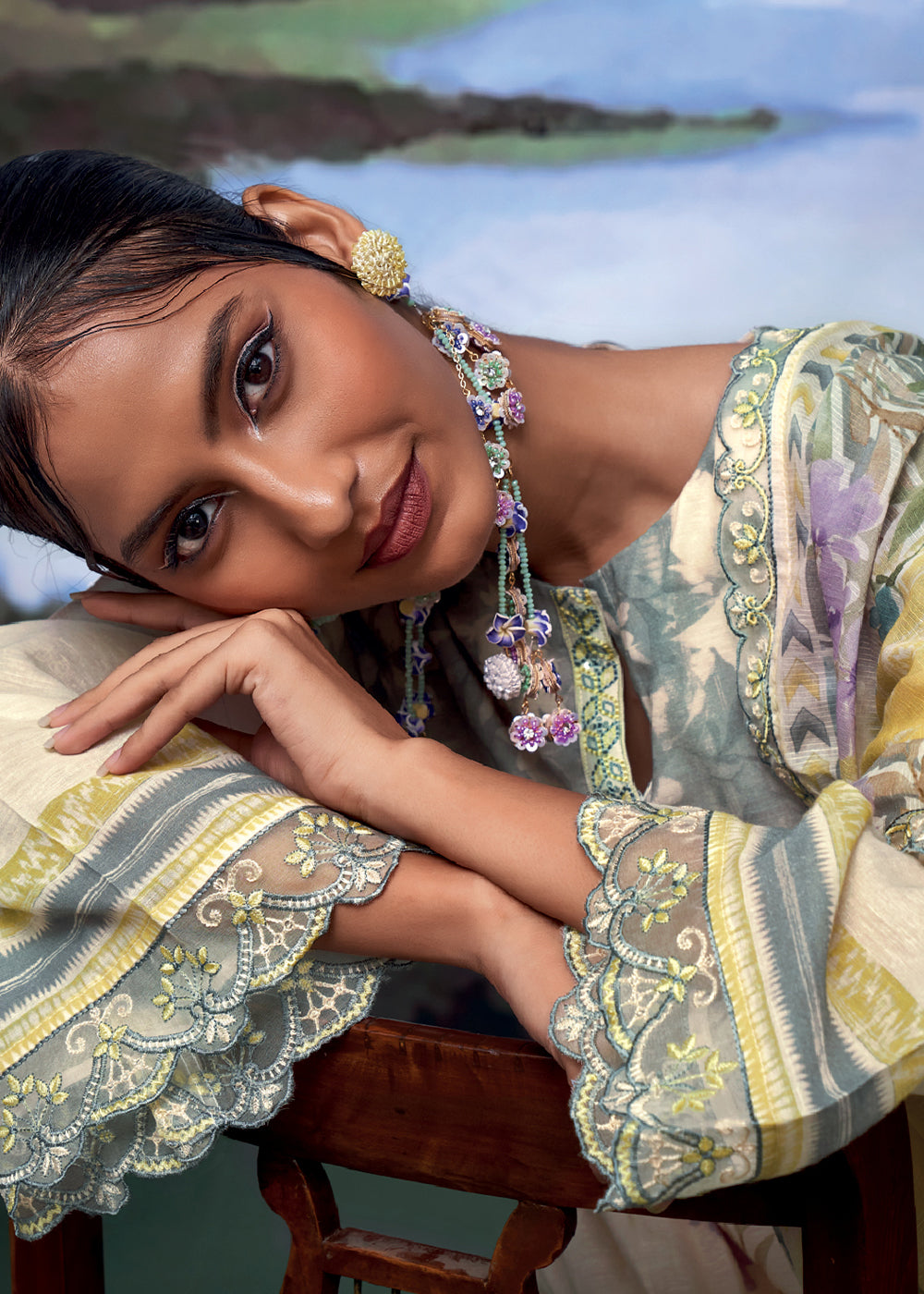 Shades Of Yellow Digital Printed Linen Suit & Embroidery work - qivii