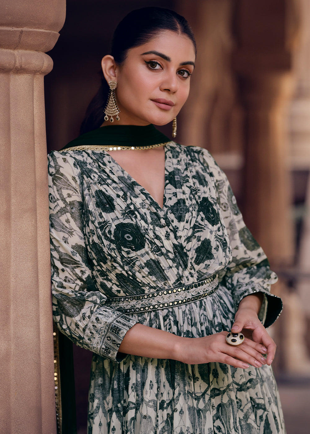 White & Black Floral Printed Georgette Anarkali Suit with Embroidery work - qivii