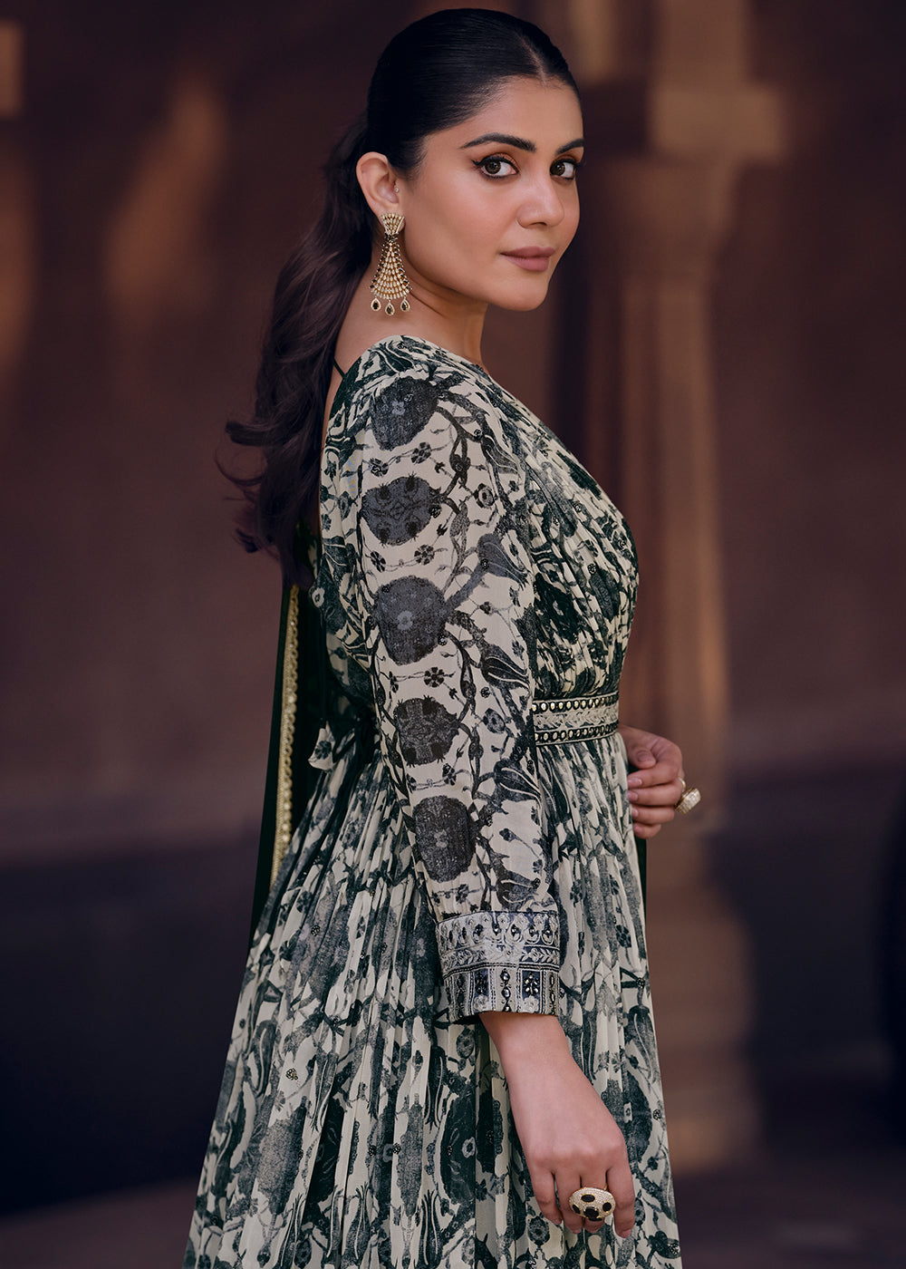 White & Black Floral Printed Georgette Anarkali Suit with Embroidery work - qivii