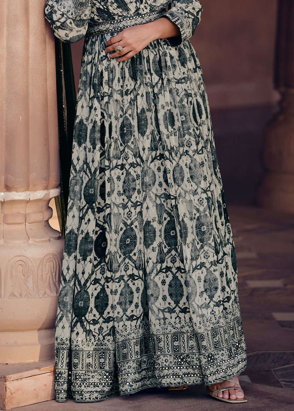 White & Black Floral Printed Georgette Anarkali Suit with Embroidery work - qivii