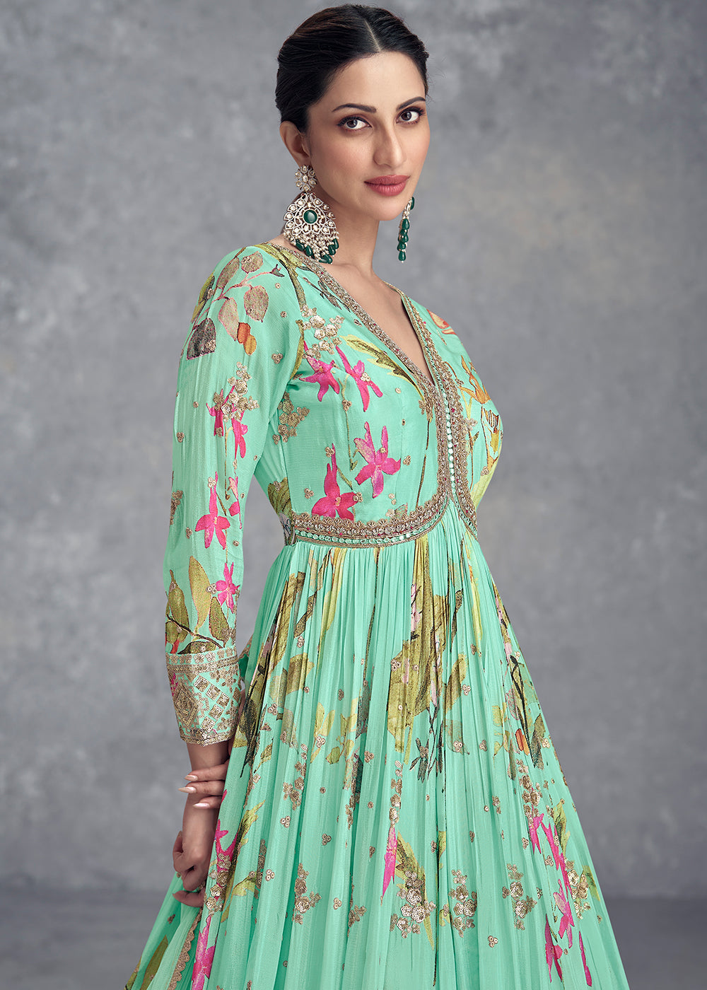 Blueish Green Digital Floral Printed Chinon Anarkali Suit with Embroidery work - qivii