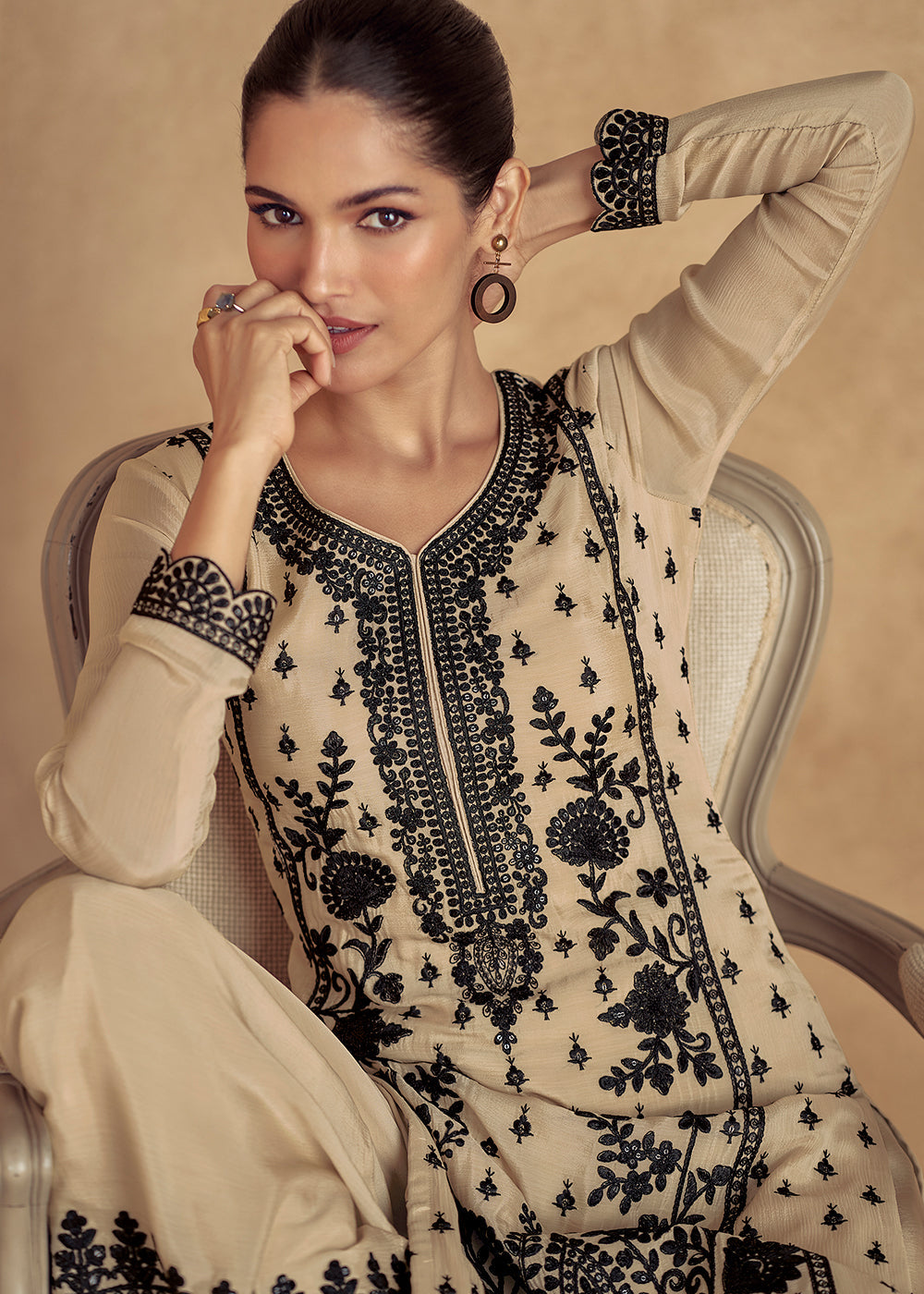 Off White Chinon Silk Plazzo Suit with Intricate Embroidery work - qivii