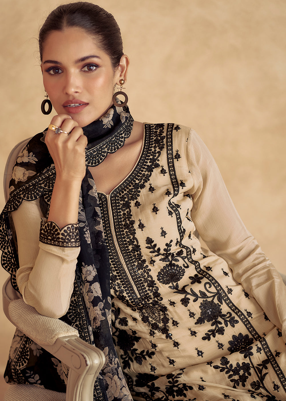 Off White Chinon Silk Plazzo Suit with Intricate Embroidery work - qivii