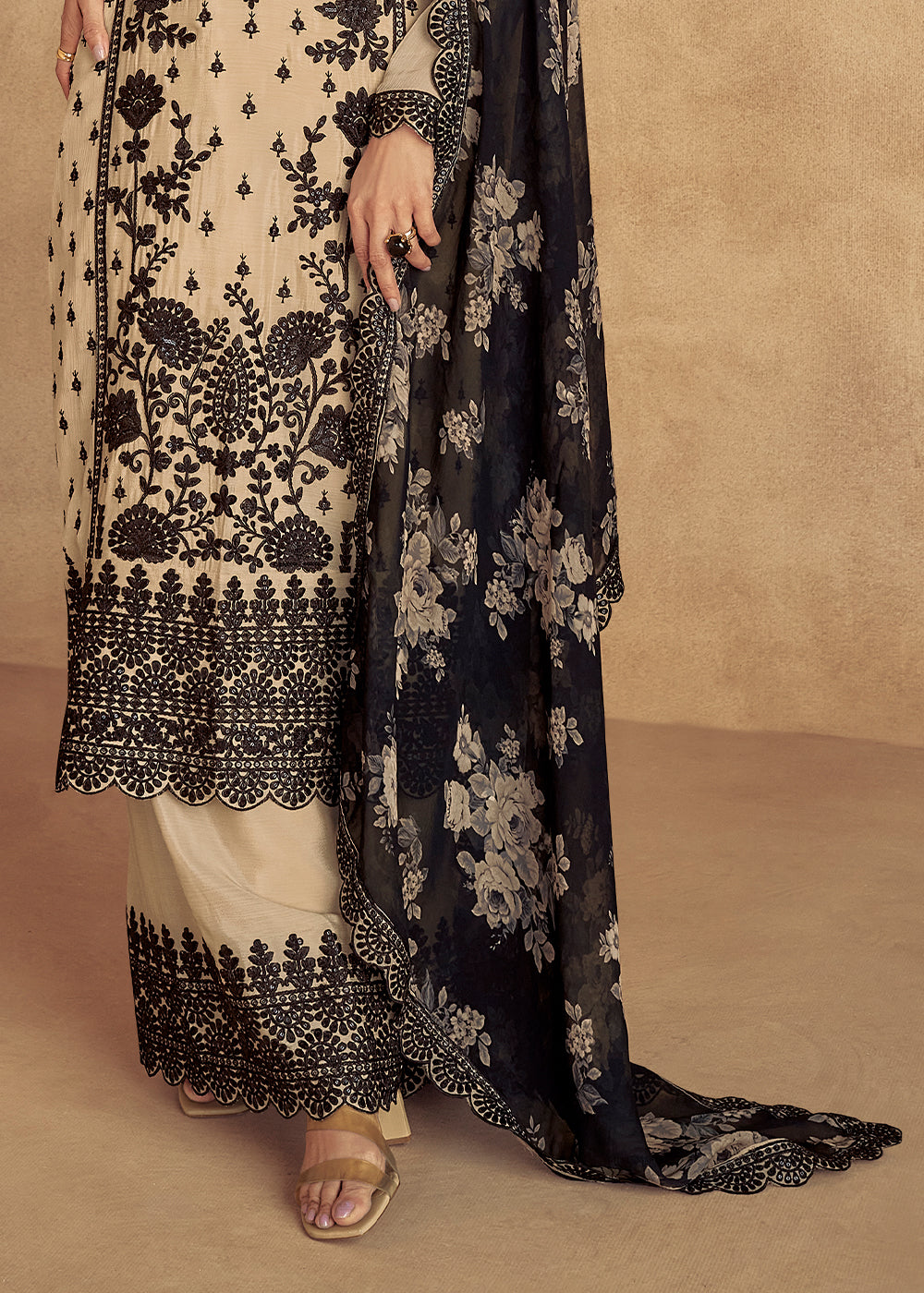 Off White Chinon Silk Plazzo Suit with Intricate Embroidery work - qivii