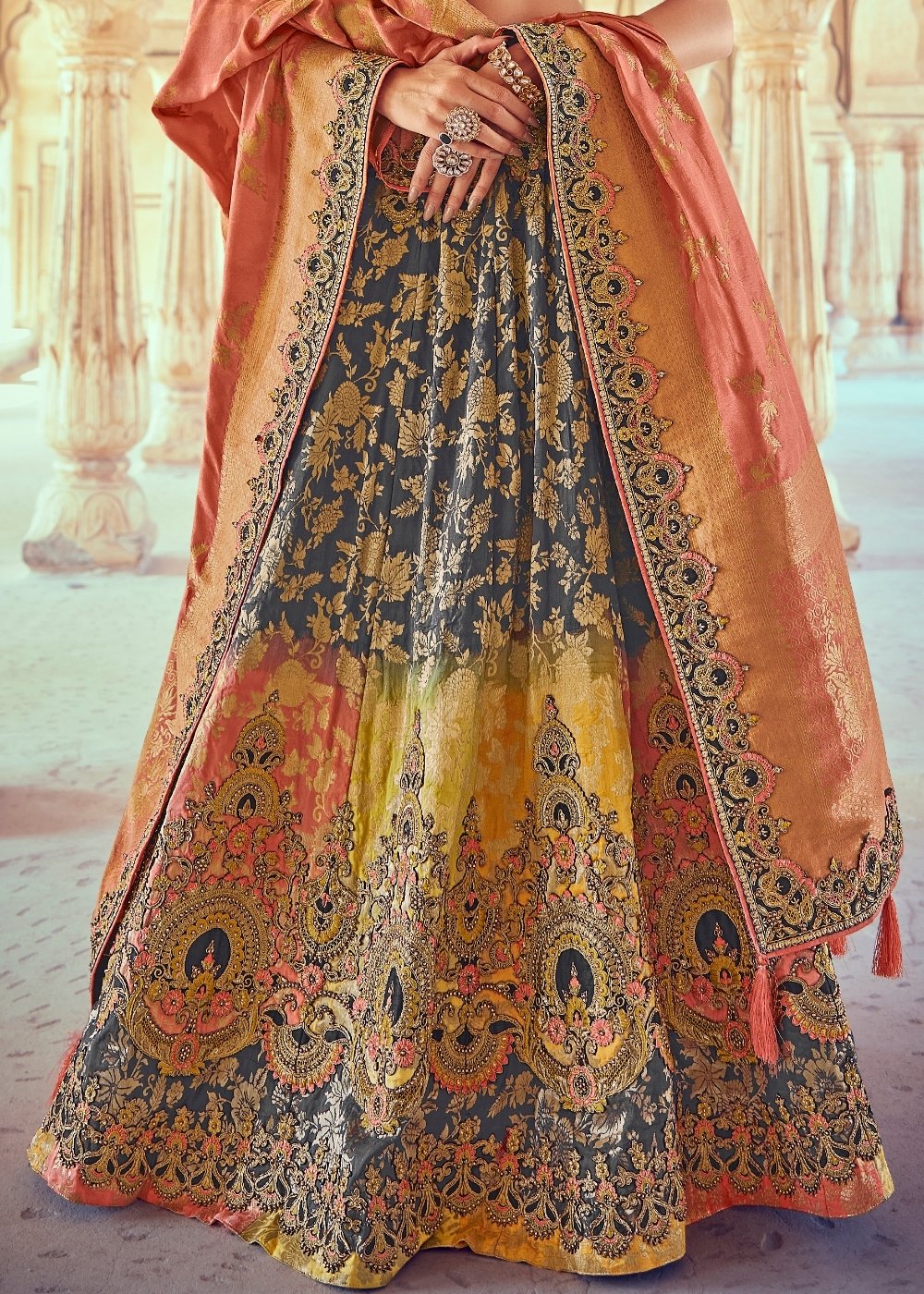 Anchor Grey & Pink Banarasi Silk Lehenga Choli with Khatli work Embroidery | Ready To Wear - qivii