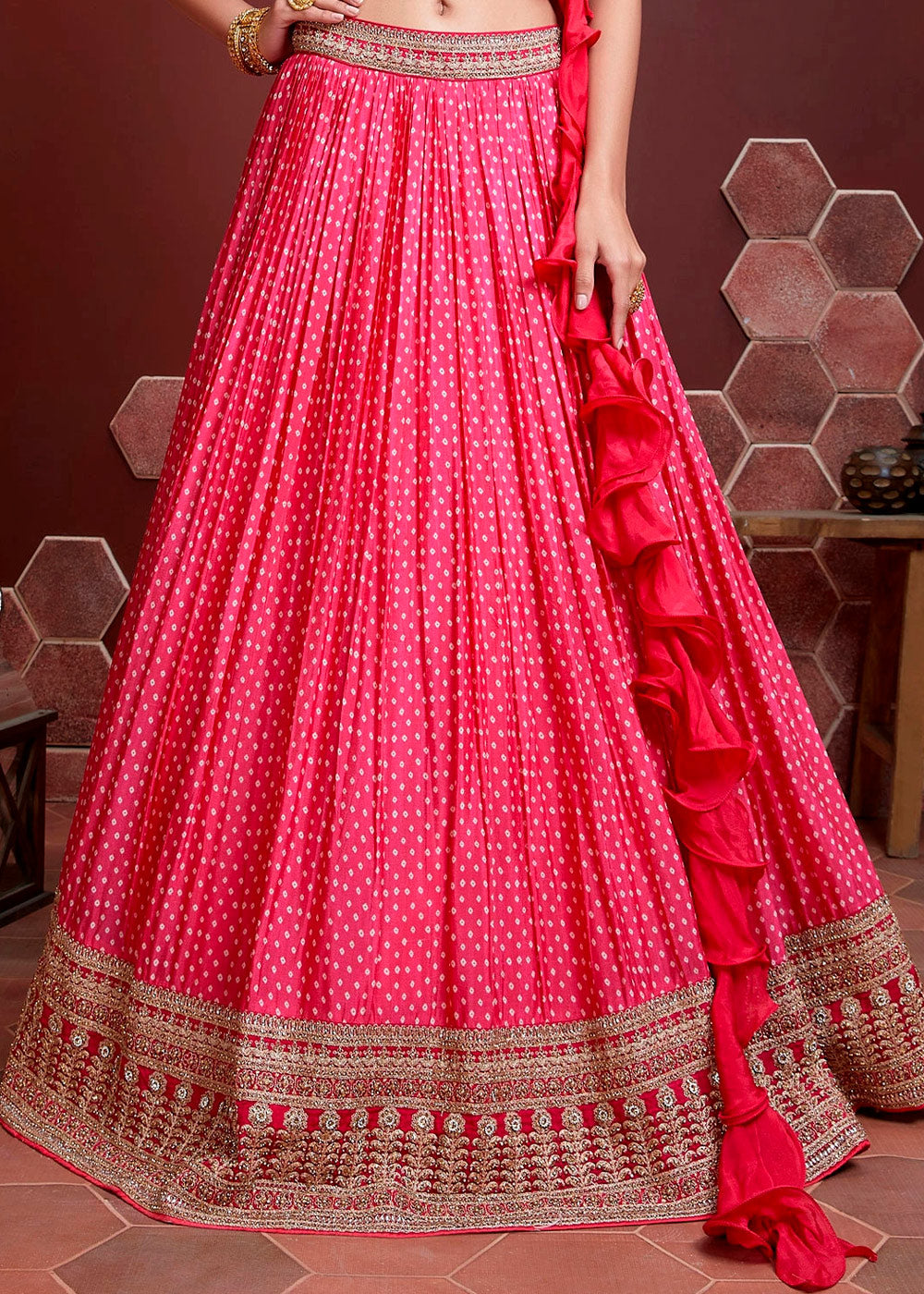 Azalea Pink Bandhani Printed Chinon Silk Lehenga Choli with Heavy Embroidery work | Ready To Wear - qivii