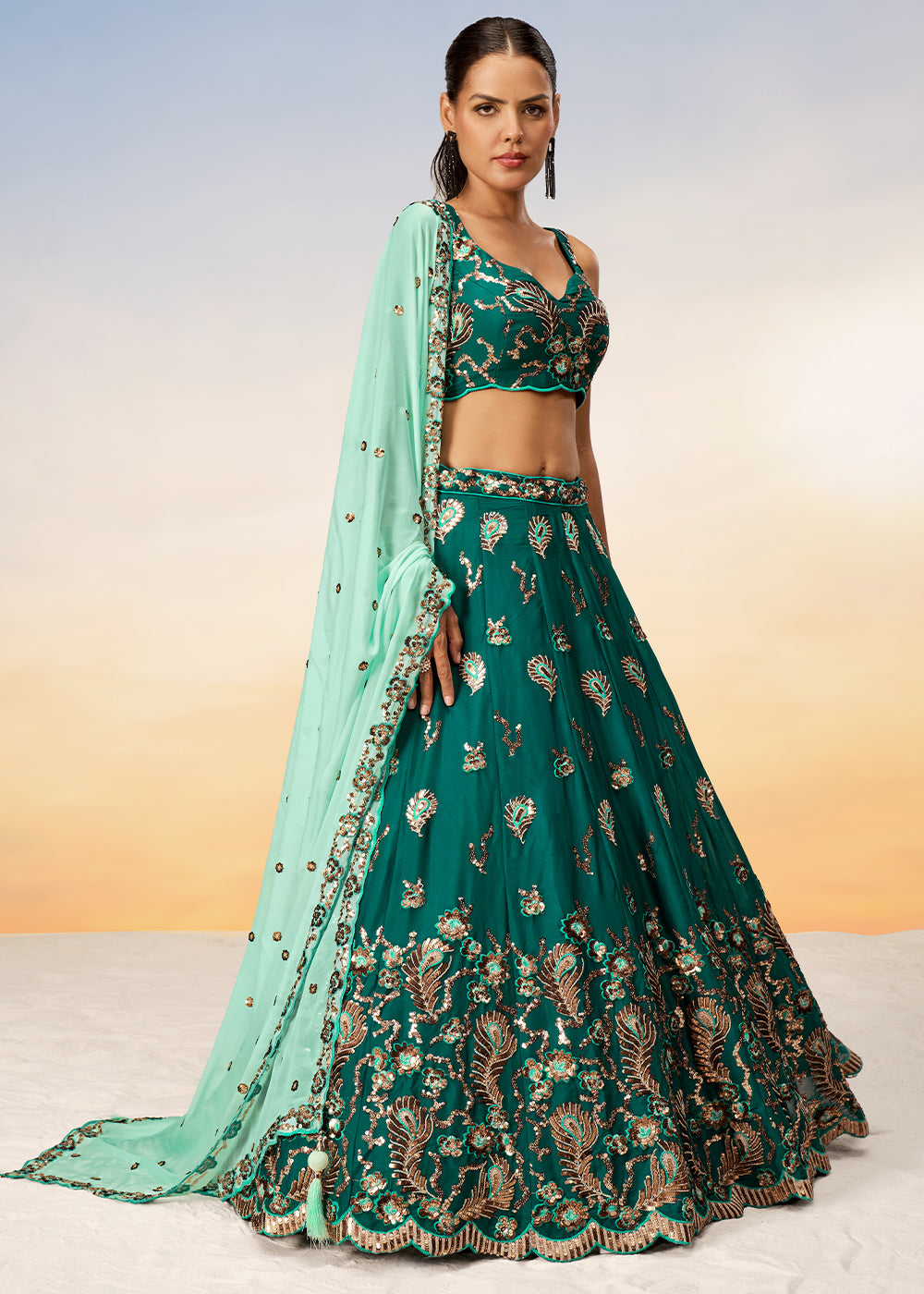 Cactus Green Georgette Lehenga Choli with Heavy Sequins Embroidery work | Ready To Wear - qivii