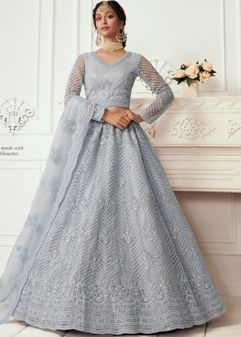 Coin Grey Soft Net Lehenga Choli with Cording Embroidery & Stonework | Ready To Wear - qivii