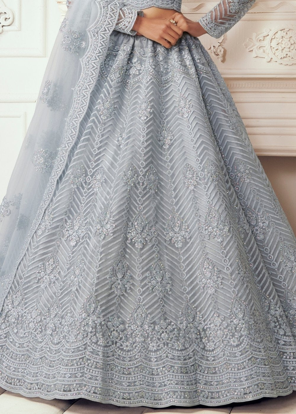 Coin Grey Soft Net Lehenga Choli with Cording Embroidery & Stonework | Ready To Wear - qivii
