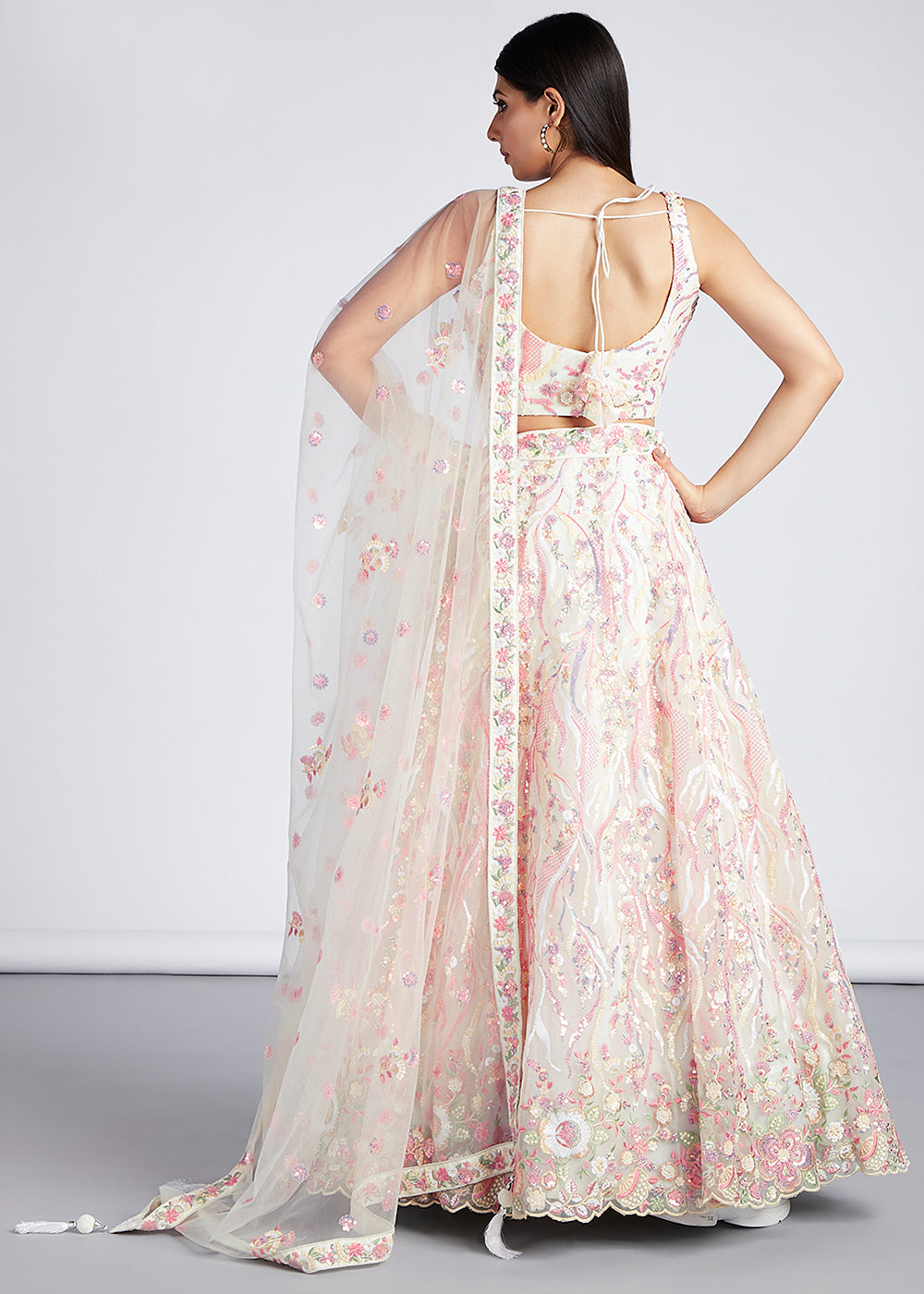 Cream White Net Lehenga Choli With Sequins & Thread Embroidery Work | Ready To Wear - qivii